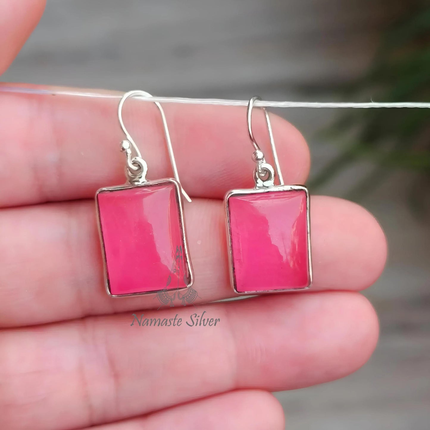 Pink Jade Earrings, 925 Sterling Silver Dangle Drop Earrings, Pink Jade Cushion Gemstone Handmade Jewelry, Elegant Gift for her Anniversary