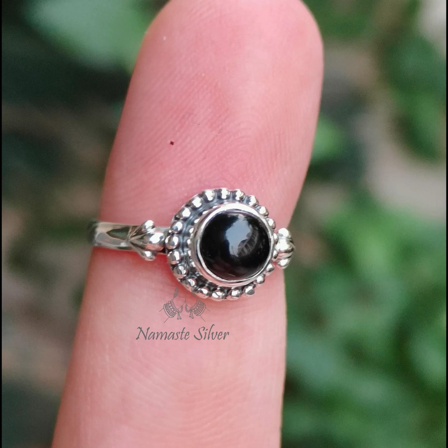 Black Onyx Ring, 925 Sterling Silver Dainty Promise Ring, Natural Black Gemstone Round Handmade Jewelry, July Birthstone, Cute Gift for Her