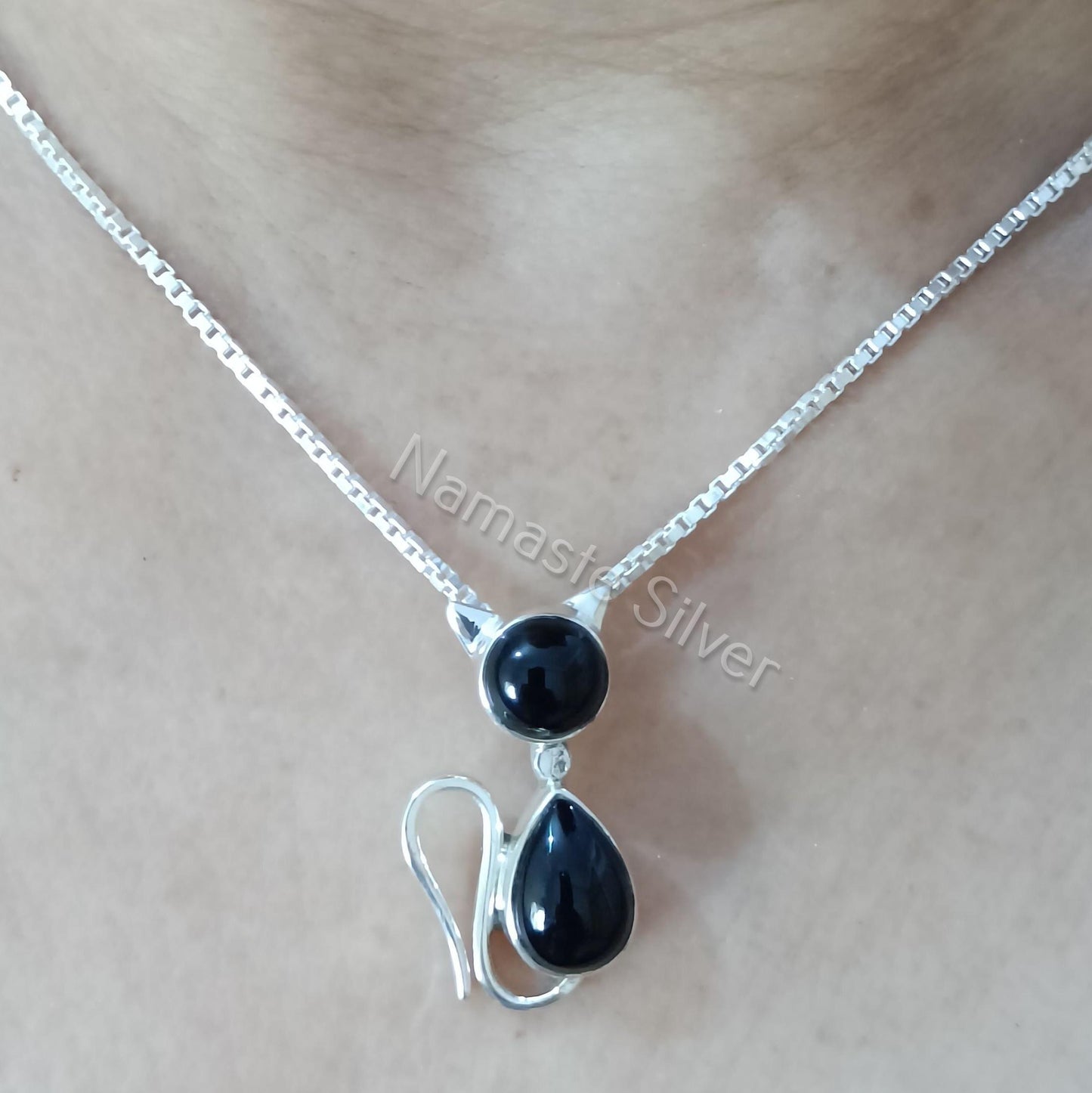 Black Onyx Cat Necklace, 925 Sterling Silver Pendant Chain, Natural Onyx Gemstone locket Handmade Jewelry, July Birthstone, Gift for Her