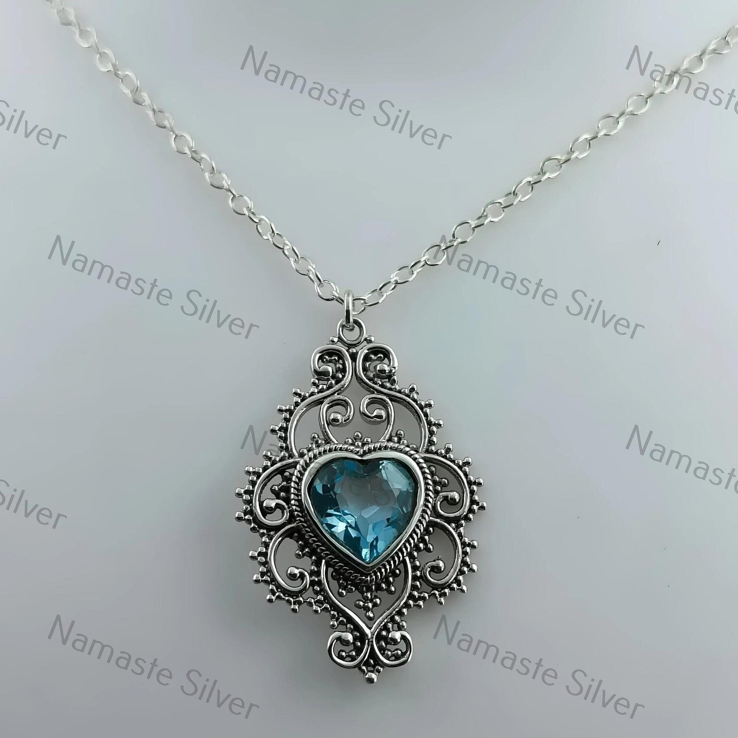 Blue Topaz Necklace, 925 Sterling Silver Pendant, Natural Blue Topaz Heart Shape Gemstone Handmade Jewelry, December Birthstone Gift for Her