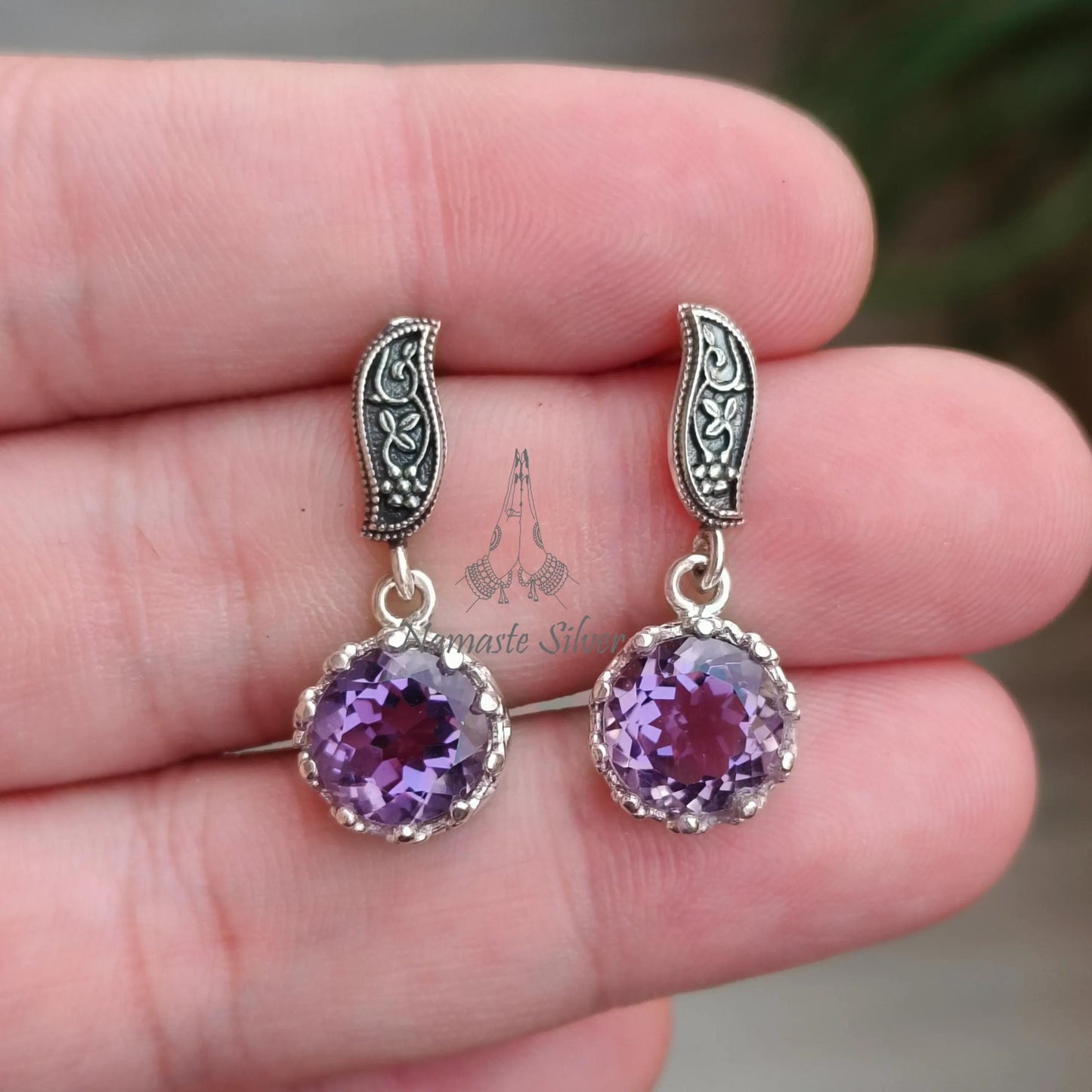 Amethyst Earrings, 925 Sterling Silver Dangle Earrings, Natural Purple Round Gemstone Handmade Jewelry, February Birthstone, Gift for Her