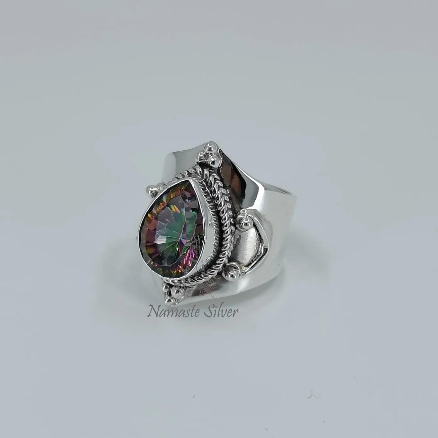 Aurora Mystic Topaz Ring, Handmade 925 Sterling Silver Statement Jewelry, Pear Shape Topaz Birthstone Ring, November Birthstone Gift for Her