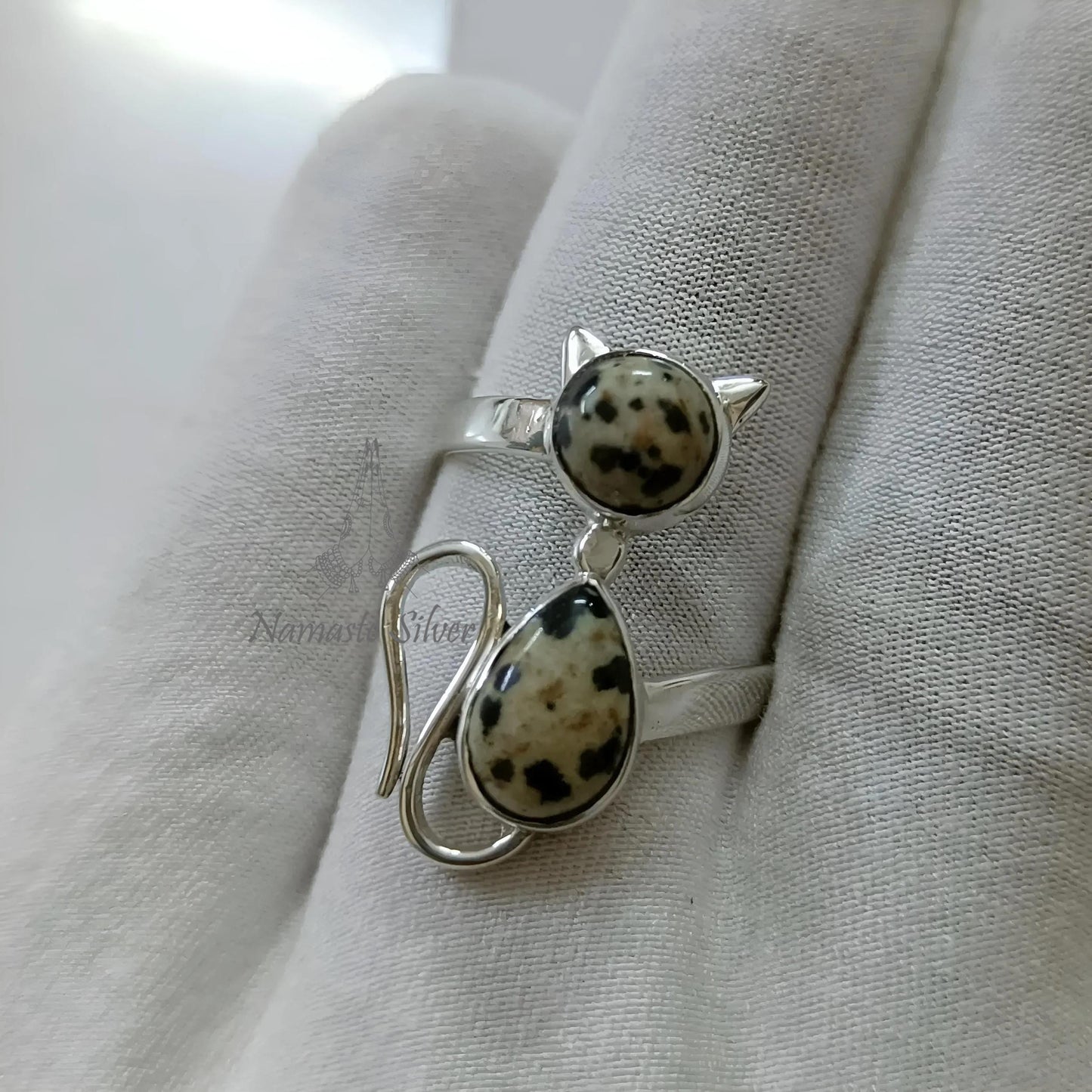 Dalmatian Jasper Cat Ring, 925 Sterling Silver Promise Ring, Natural Jasper Dual Gemstone Handmade Kitty Jewelry, Unique Gift for Cat Lovers
