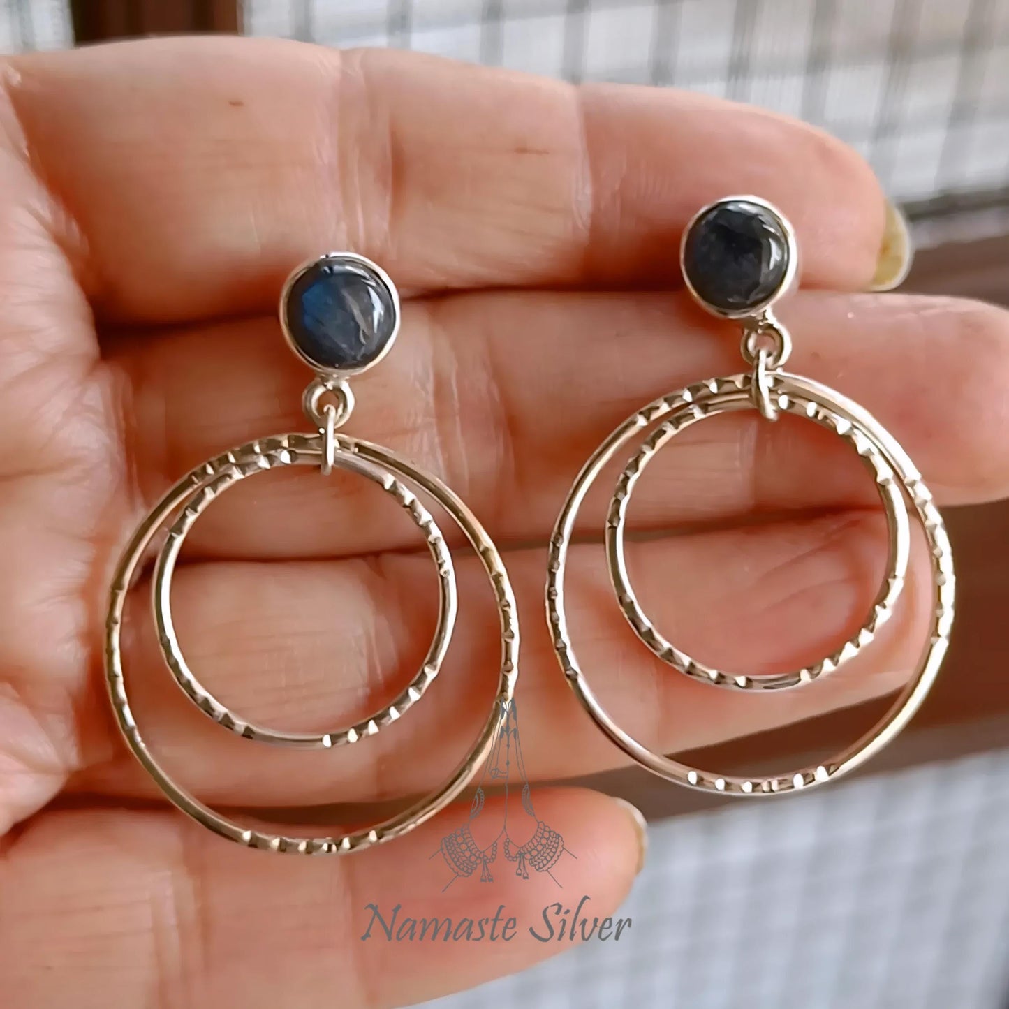 Labradorite Earrings, 925 Sterling Silver Dangle Earrings, Natural Labradorite Round Gemstone Double Hoop Earrings, Birthstone Gift for Her