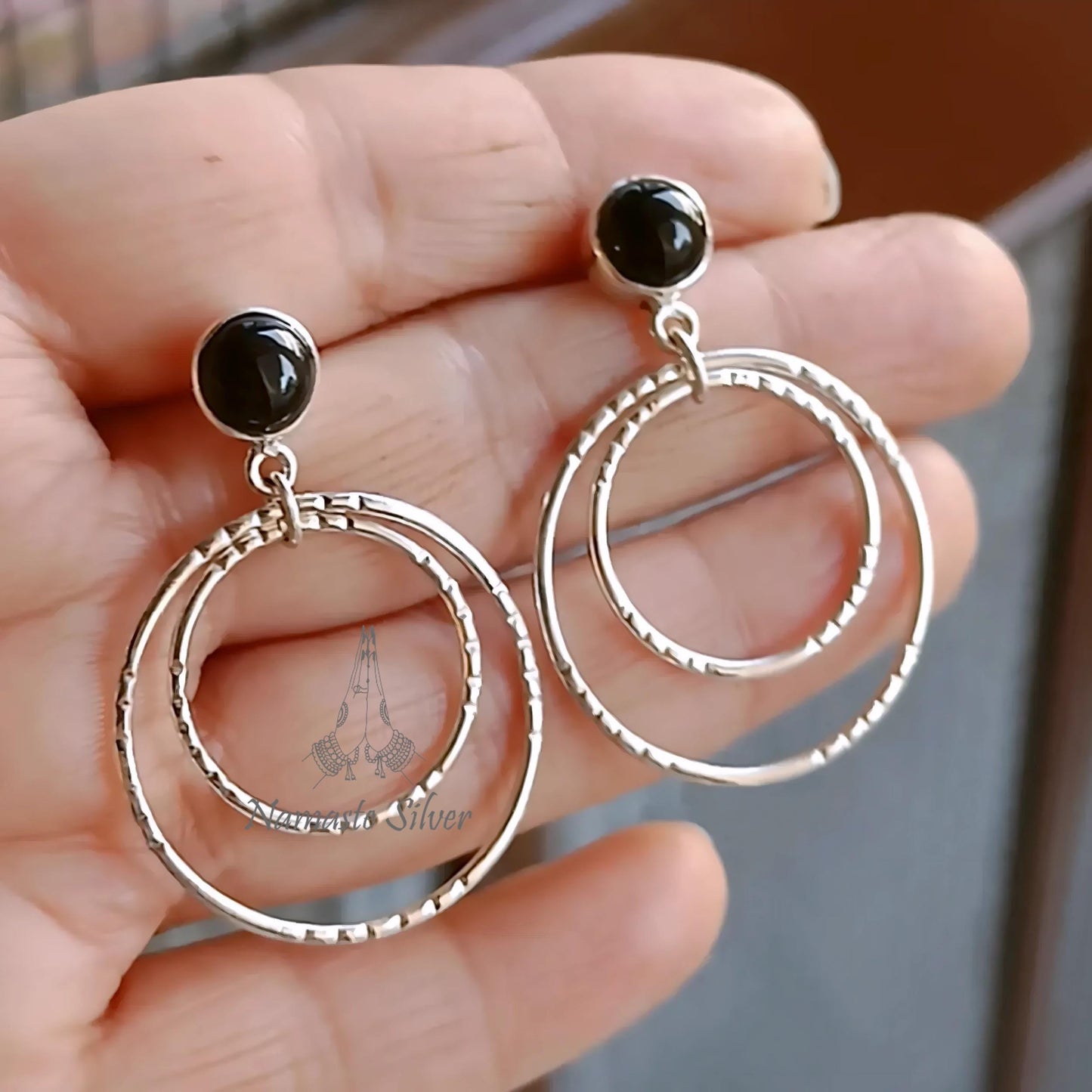 Black Onyx Earrings, 925 Sterling Silver Double Hoop Earrings, Natural Onyx Round Gemstone Handmade Dangle Earrings, Unique Gift for her
