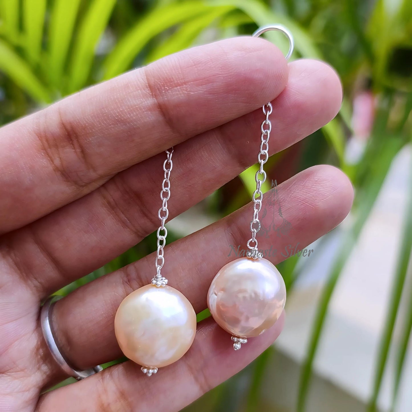 Coin Pearl Earrings, 925 Sterling Silver Dangle Earrings, Genuine Pink Peach Freshwater Coin Pearls Handmade Jewelry, Unique Gift for her