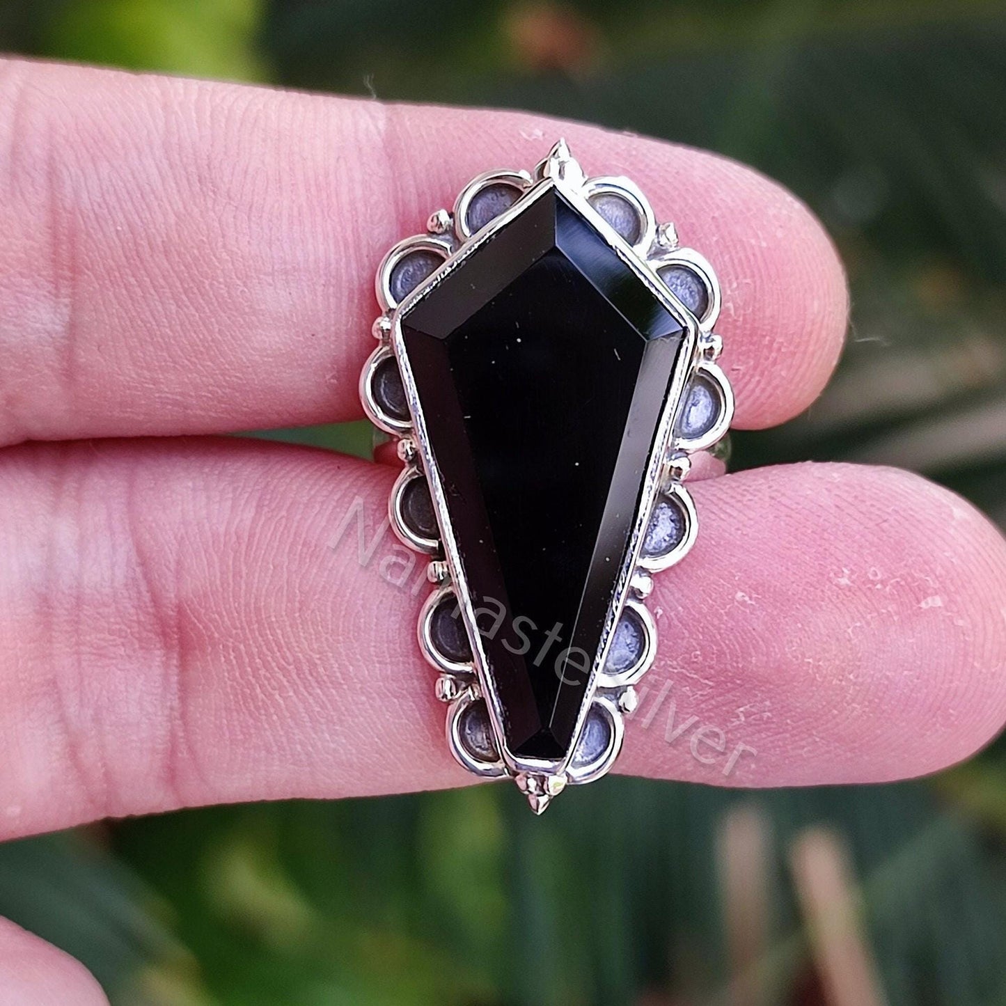 Black Onyx Coffin Ring, 925 Sterling Silver Handmade Gothic Ring, Natural Black Gemstone Coffin Boho Jewelry, Halloween Witch Gift For Her