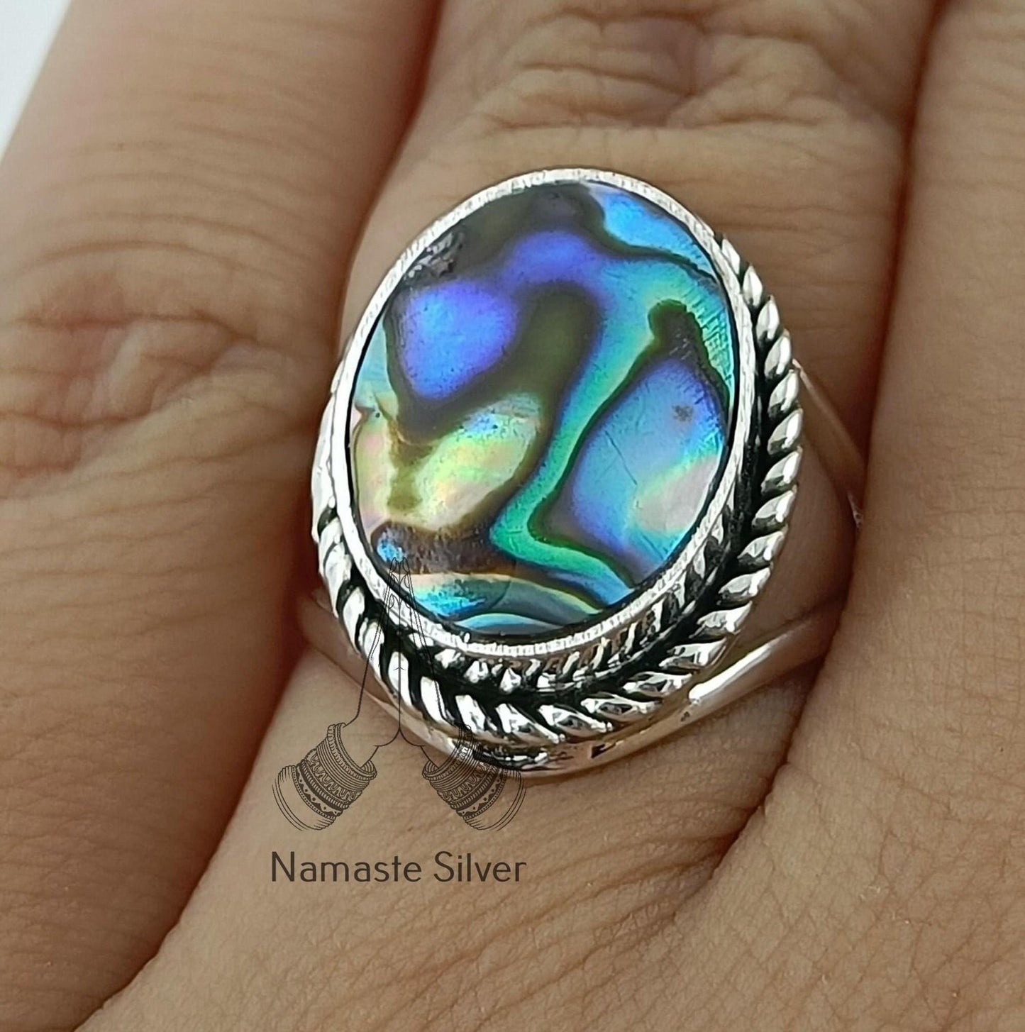 Abalone Shell Ring, 925 Sterling Silver Statement Promise Ring, Natural Blue Paua Shell Oval Handmade Boho Jewelry, Colorful Gift for Her