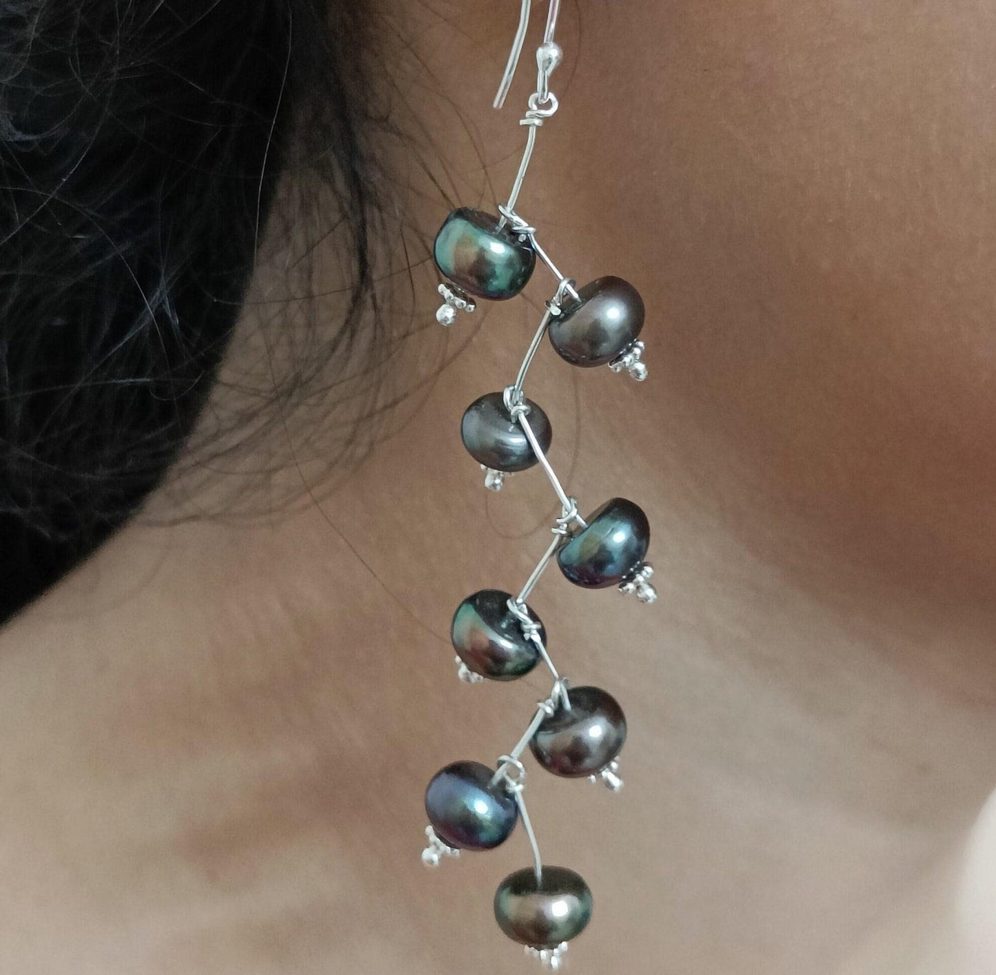 Pearl Earrings, 925 Sterling Silver Dangle Earrings, Freshwater Peacock Black Pearl Handmade Boho Jewelry, June Birthstone Gift for Her