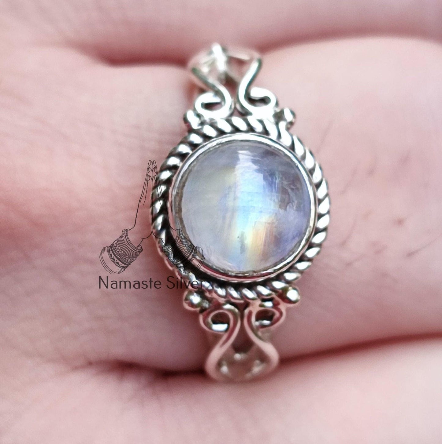 Rainbow Moonstone Ring, Sterling Silver Rings for Women, June Birthstone, Natural Moonstone Round Gemstone Handmade Jewelry, Gift for her