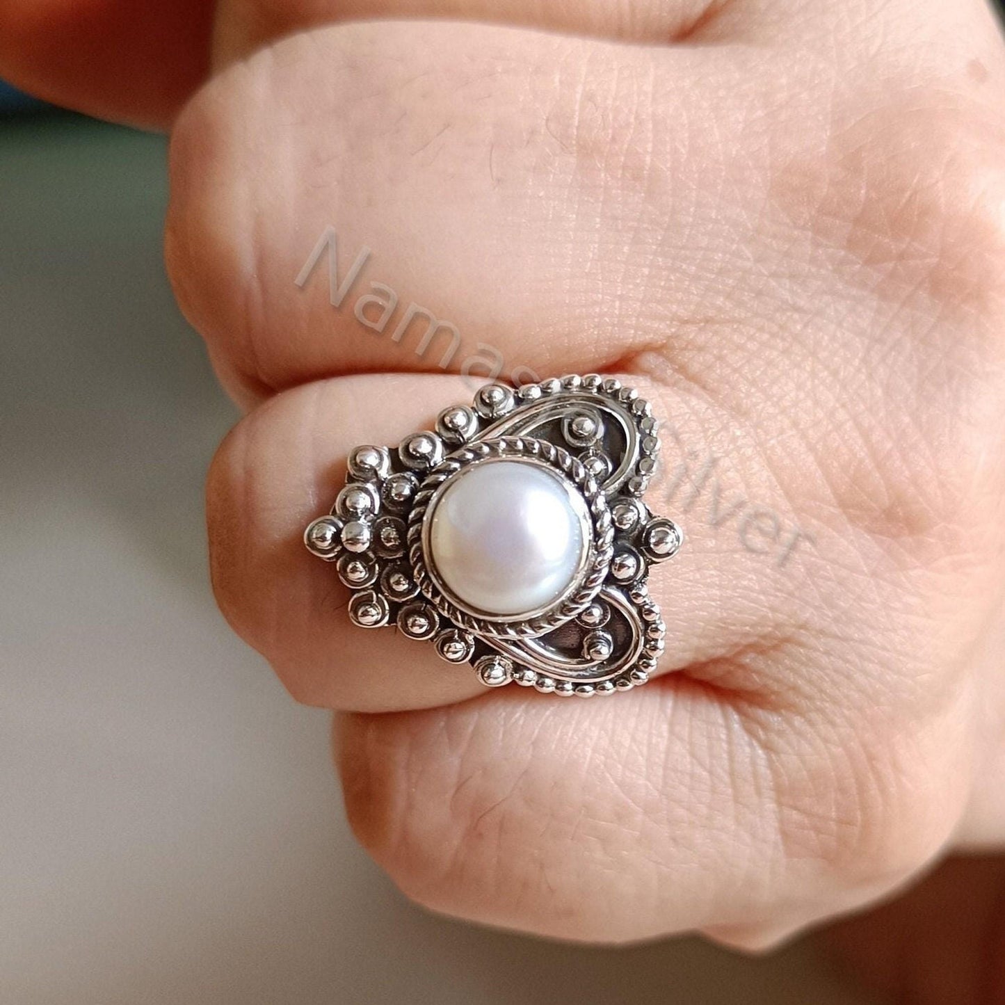 Pearl Ring, 925 Sterling Silver Promise Ring for Women, Freshwater Pearl Handmade Heart Shape Jewelry, June Birthstone, Unique Gift For Her