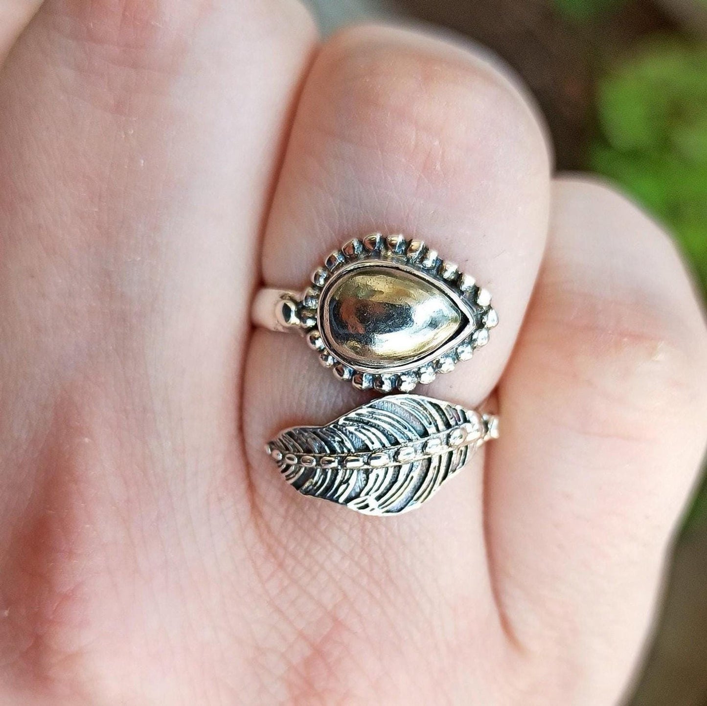 Pyrite Ring, 925 Sterling Silver Fools Gold Ring, Adjustable Promise Leaf Ring, Natural Pyrite Pear Shape Handmade Jewelry, Gift For Her