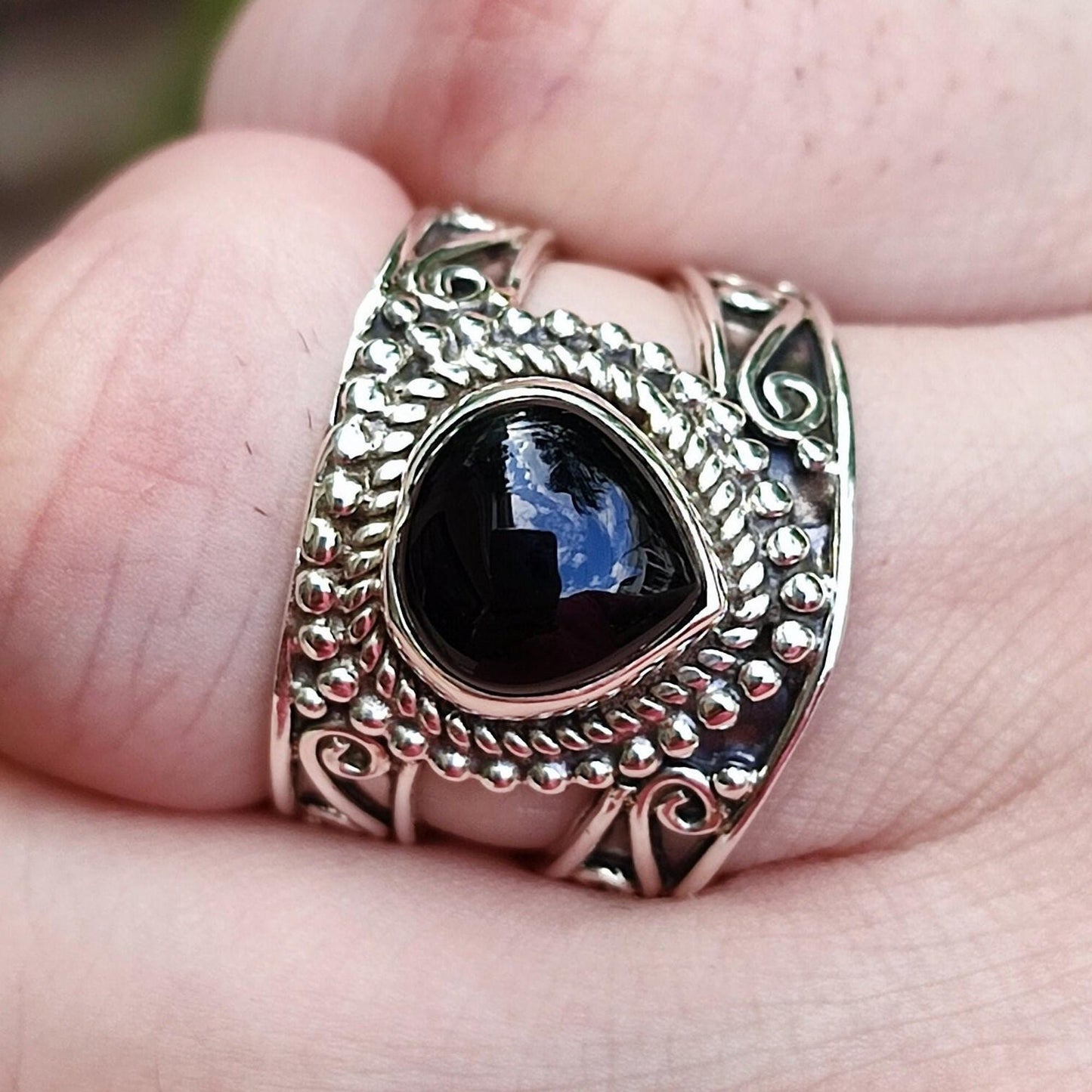 Black Onyx Heart Ring, 925 Sterling Silver Promise Ring, Natural Onyx Gemstone July Birthstone Handmade Boho Jewelry, Unique Gift for Her