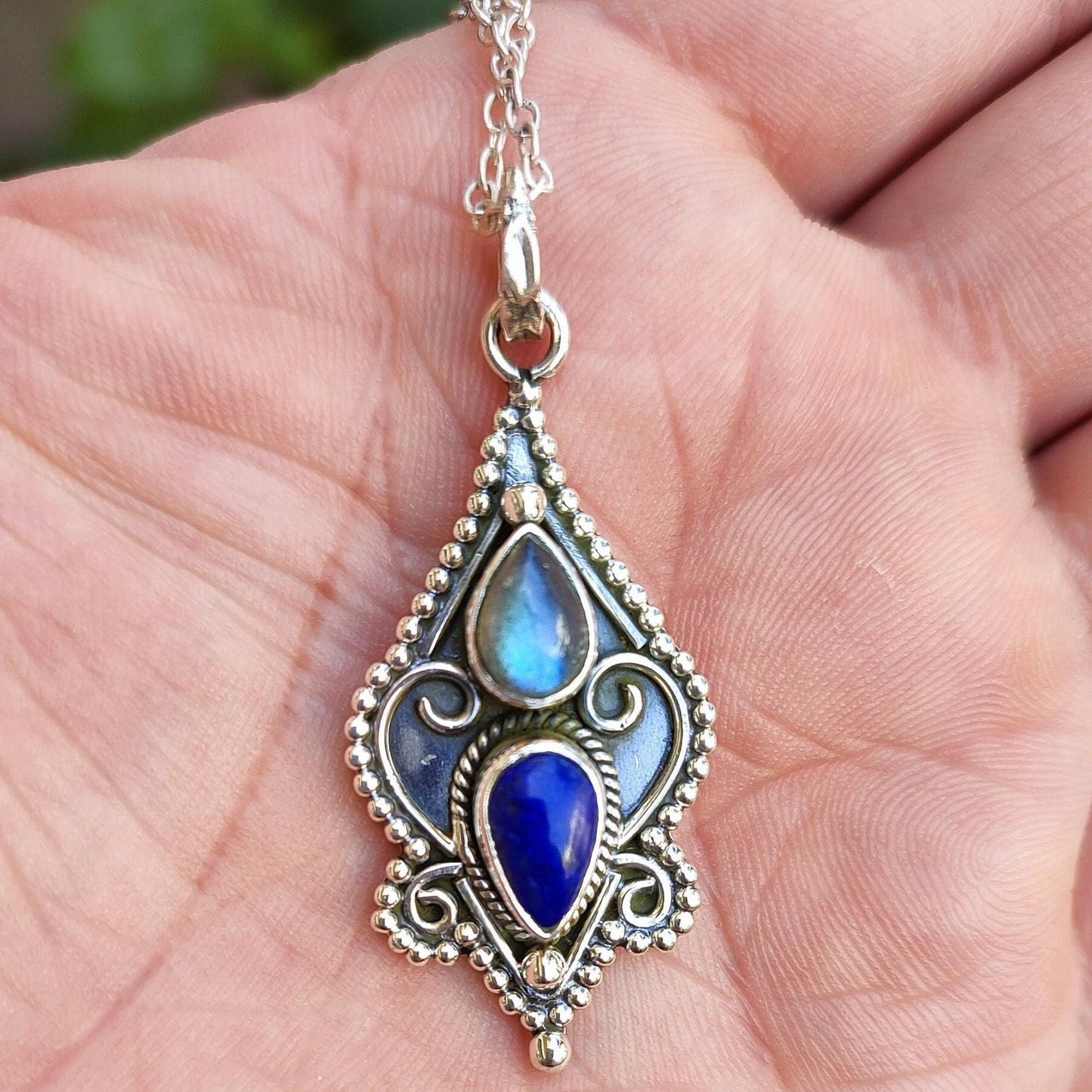 Labradorite, Lapis Lazuli Necklace, 925 Sterling Silver Pendant, Natural Dual Gemstone Handmade Boho Jewelry, Unique Birthstone Gift for Her