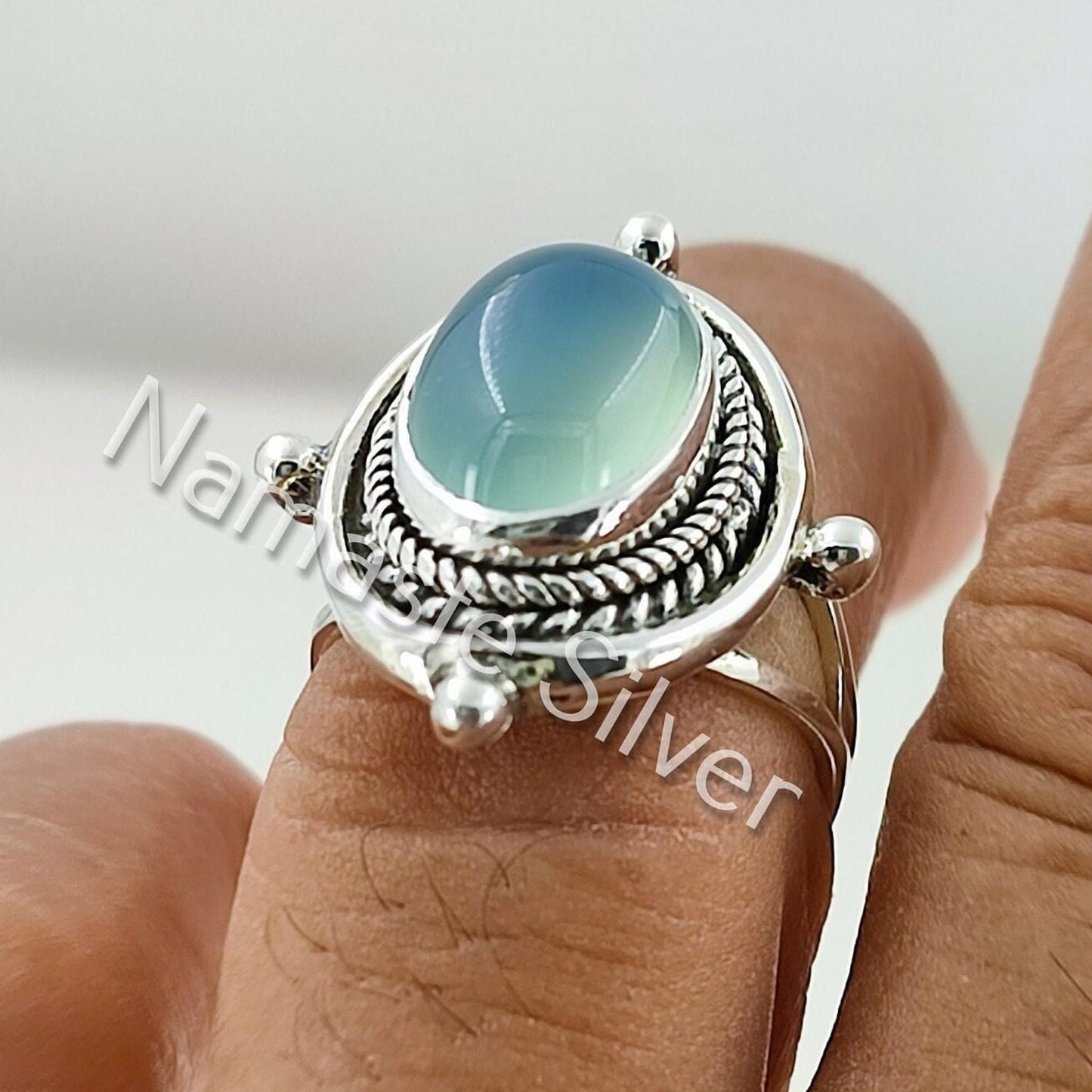 Chalcedony Ring, 925 Sterling Silver Handmade Statement Ring, Natural Aqua Chalcedony Oval Gemstone Boho Jewelry, Birthstone Gift for her