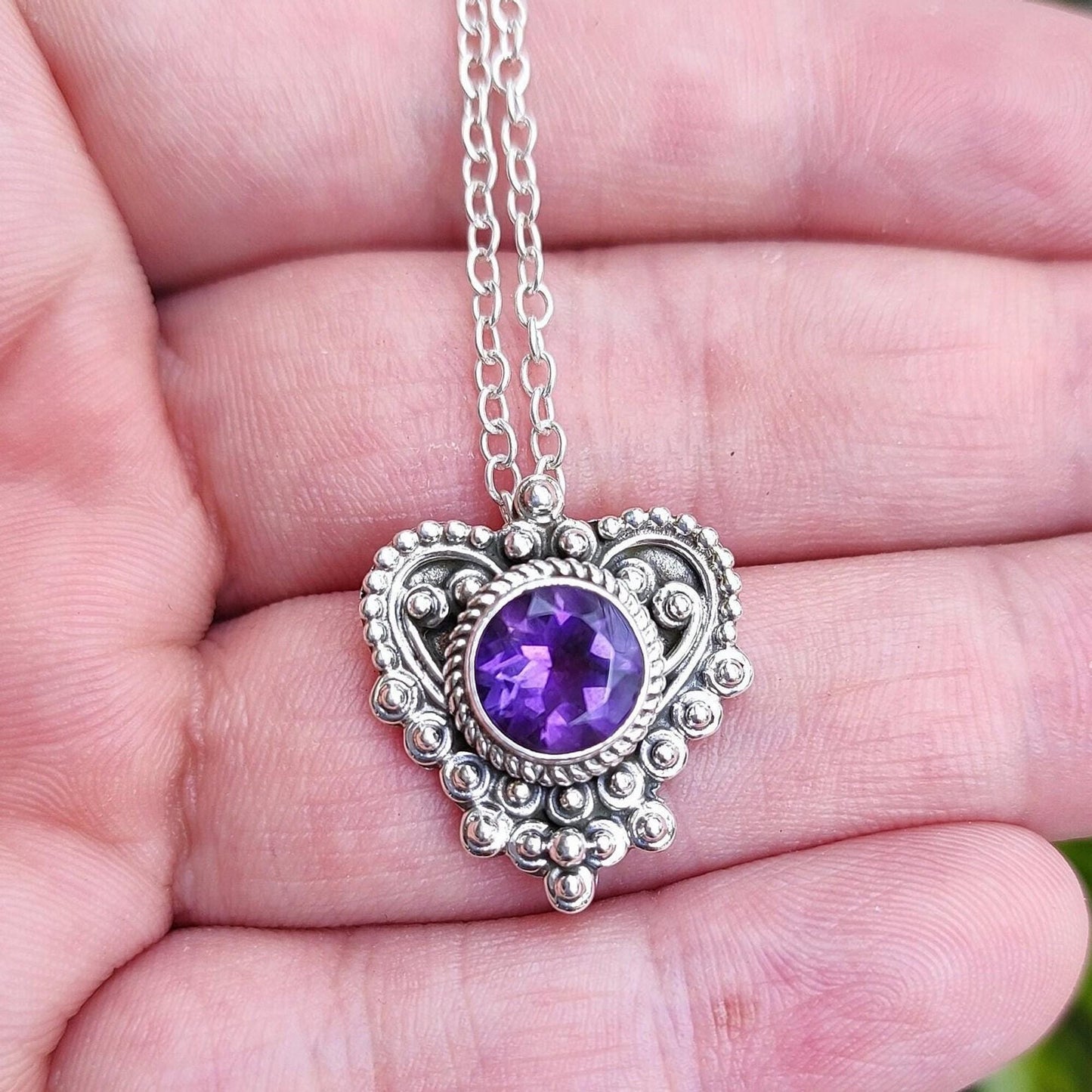 Amethyst Necklace, 925 Sterling Silver Pendant Locket, Natural Purple Gemstone Round Handmade Jewelry, February birthstone, Gift for her