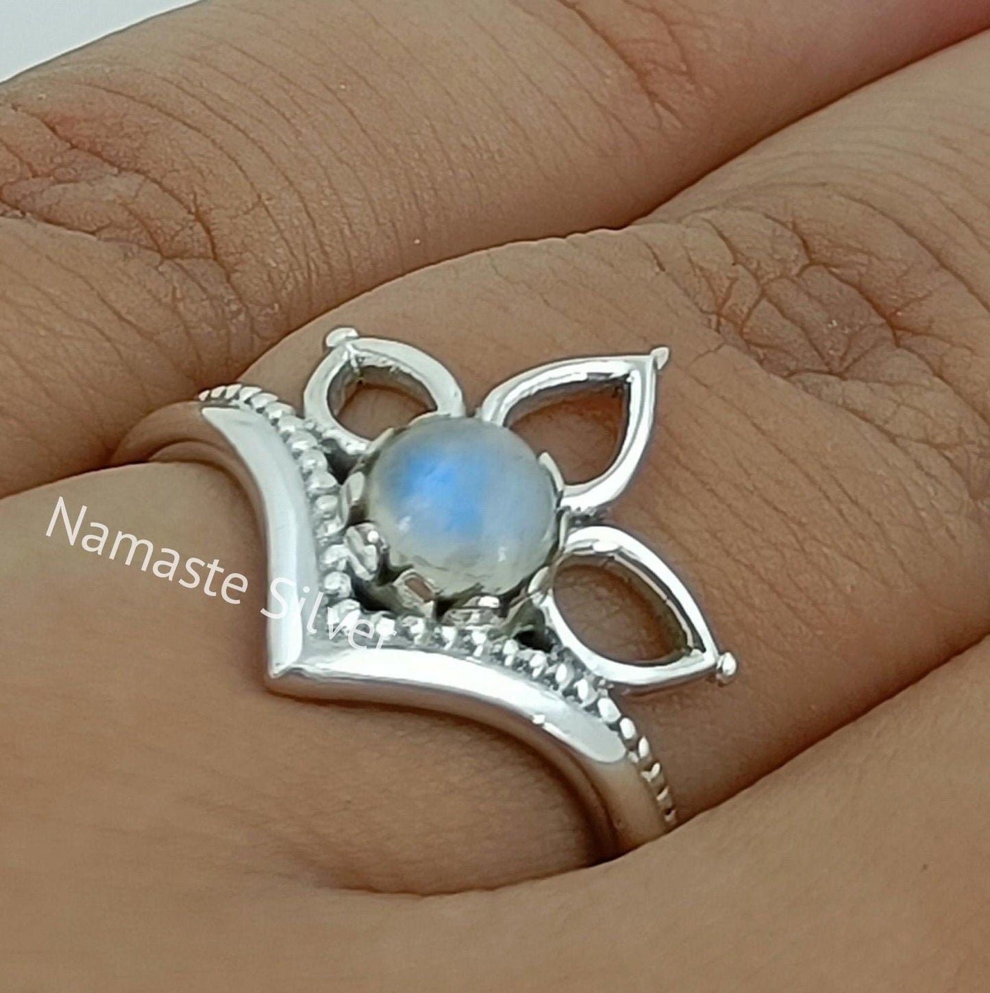 Moonstone Ring, 925 Sterling Silver Dainty Ring, Natural Rainbow Moonstone Round Gemstone Handmade Jewelry, June Birthstone, Gift for Her