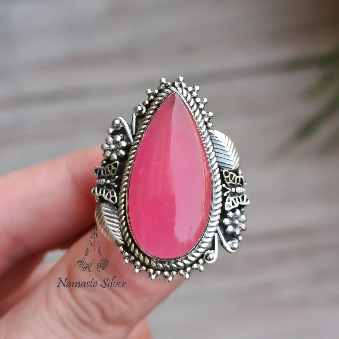 Pink Jade Ring, 925 Sterling Silver Statement Promise Chunky Ring, Pink Jade Pear Shape Gemstone Handmade Boho Jewelry, Unique Gift for her