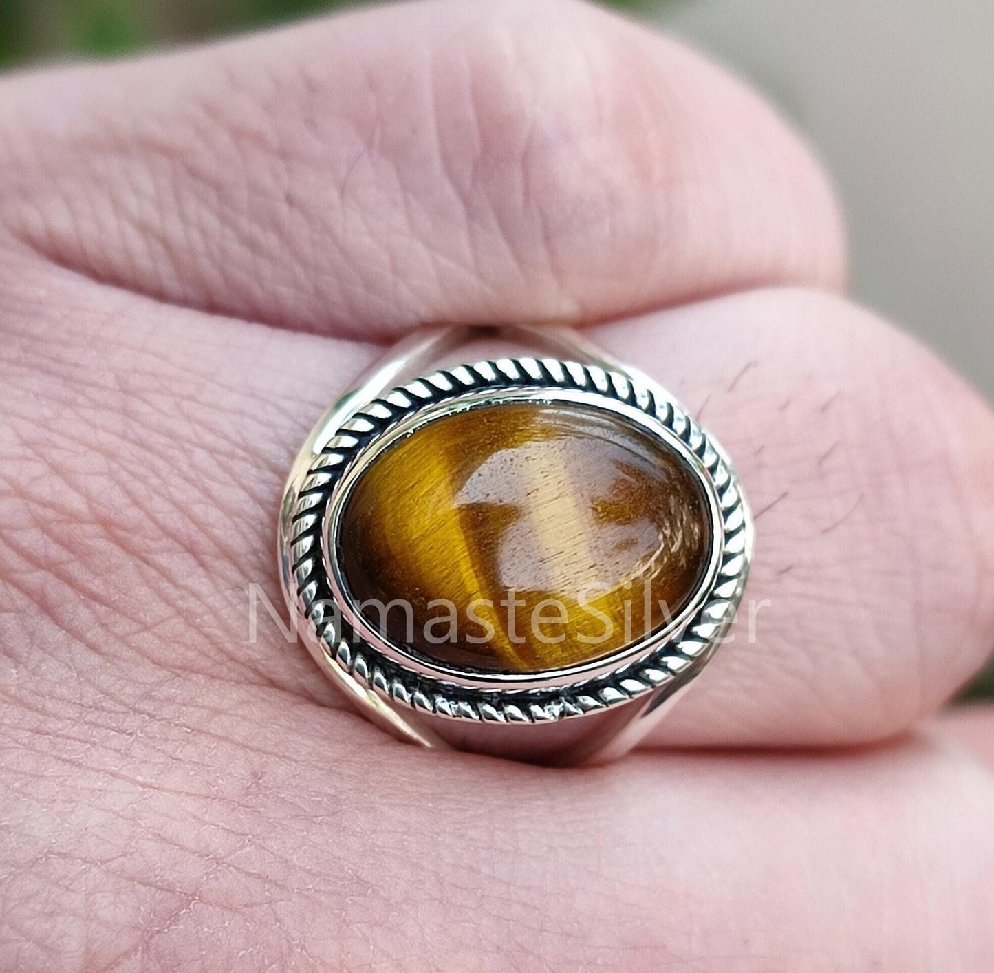 Tiger Eye Ring, 925 Sterling Silver Statement Promise Ring, Natural Tiger's Eye Oval Gemstone Handmade Jewelry, June Birthstone Gift for her
