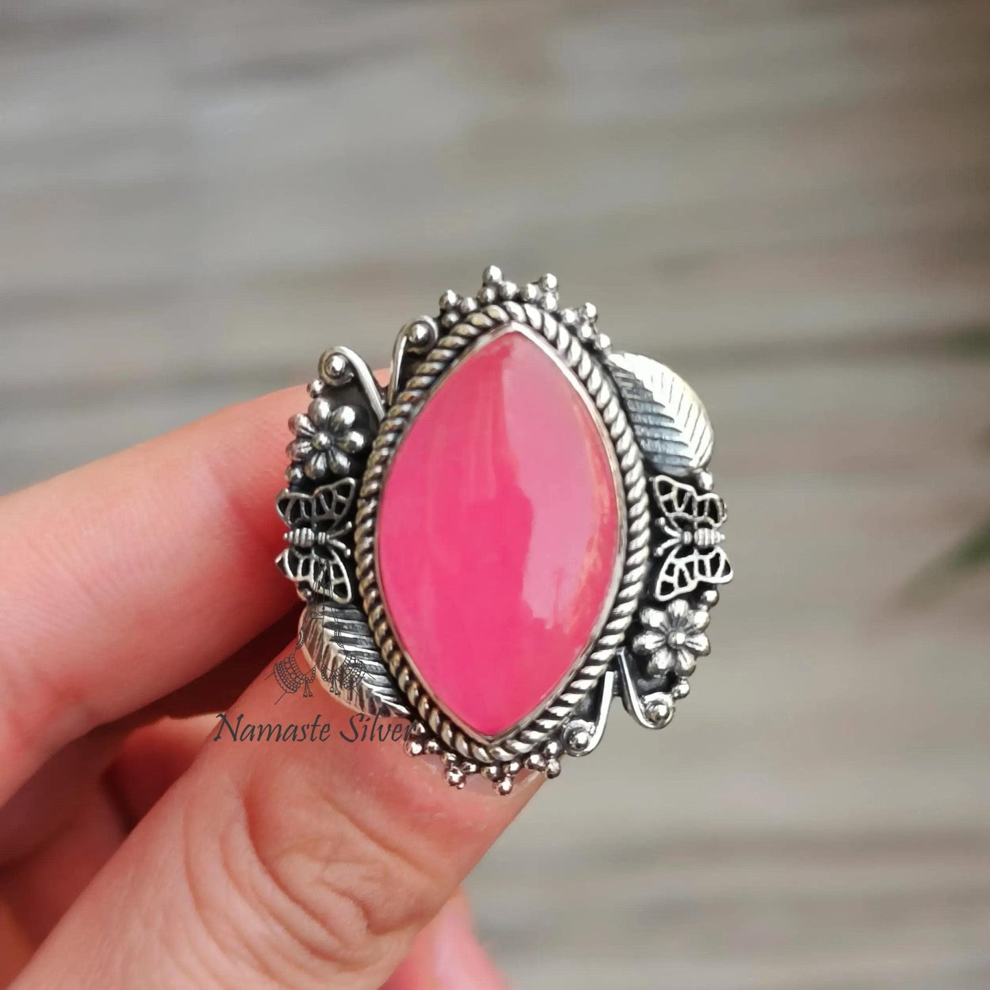 Pink Jade Ring, 925 Sterling Silver Statement Promise Ring, Natural Jade Marquise Gemstone Handmade Designer Jewelry, Unique Gift for her