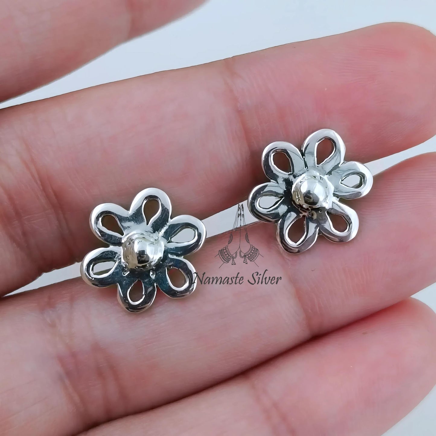 Flower Stud Earrings, 925 Sterling Silver Floral Stud Posts, Handmade Dainty Minimalist Jewelry, Tiny Floral Silver Studs, Cute Gift for Her