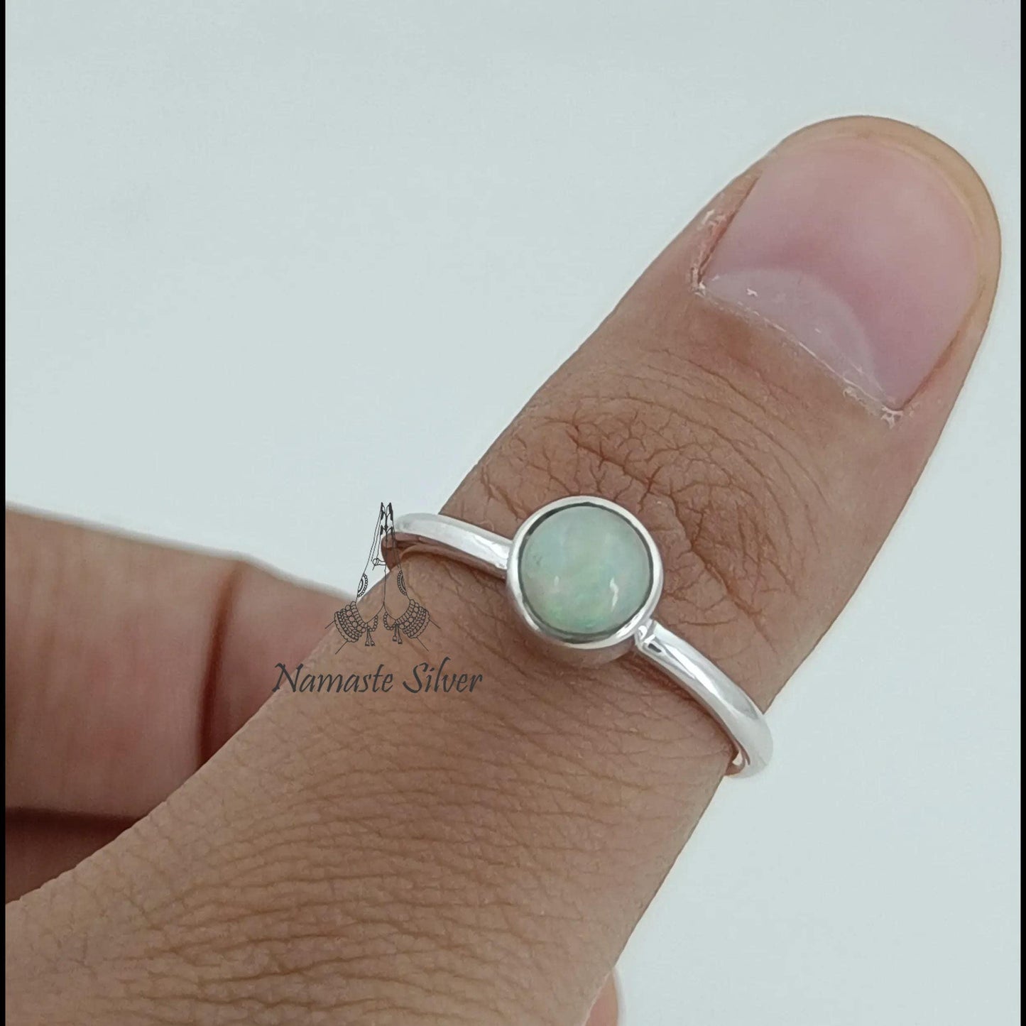 Opal Ring, 925 Sterling Silver Dainty Ring, October Birthstone, Natural Ethiopian Opal Round Gemstone Handmade Jewelry, Unique Gift for Her
