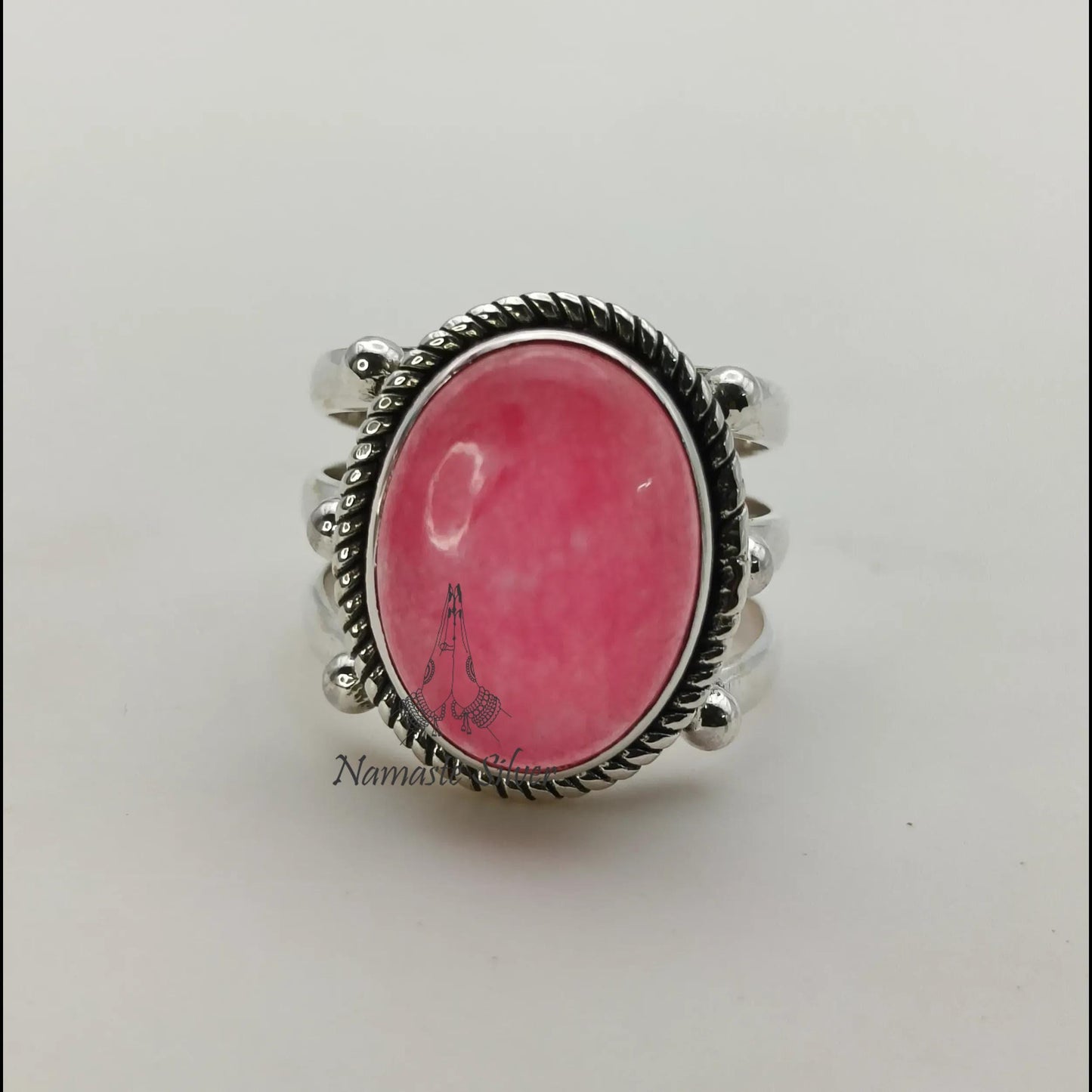 Pink Jade Ring, 925 Sterling Silver Promise Ring, Pink Jade Oval Gemstone Handmade Jewelry, Elegant Proposal Triple Ring Band, Gift for her