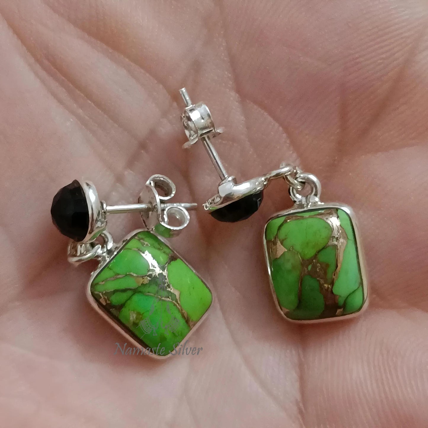 Green Turquoise Smoky Quartz Earrings, 925 Sterling Silver Dangle Earrings, Natural Dual Gemstone Handmade Boho Jewelry, Unique Gift For Her