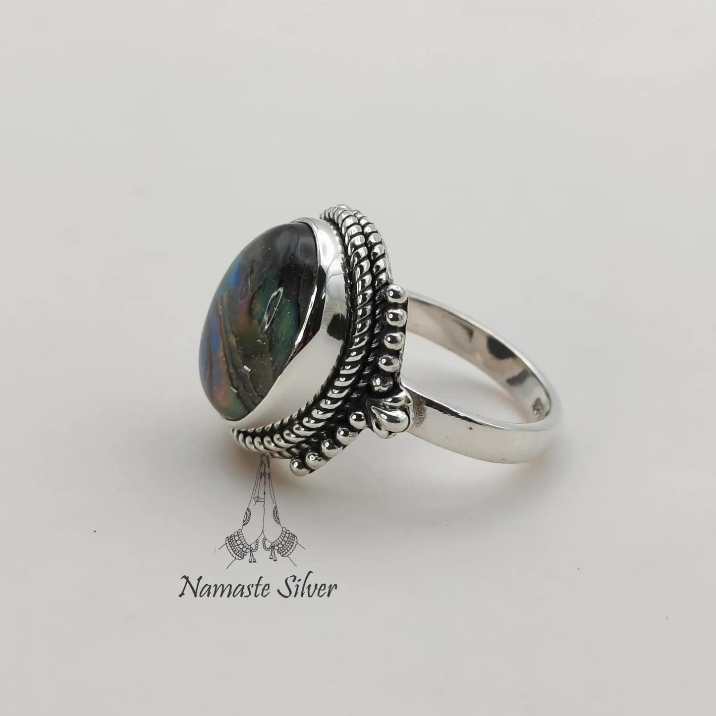 Abalone Shell Ring, 925 Sterling Silver Statement Promise Ring, Natural Blue Paua Shell Doublet Oval Handmade Jewelry, Colorful Gift for Her