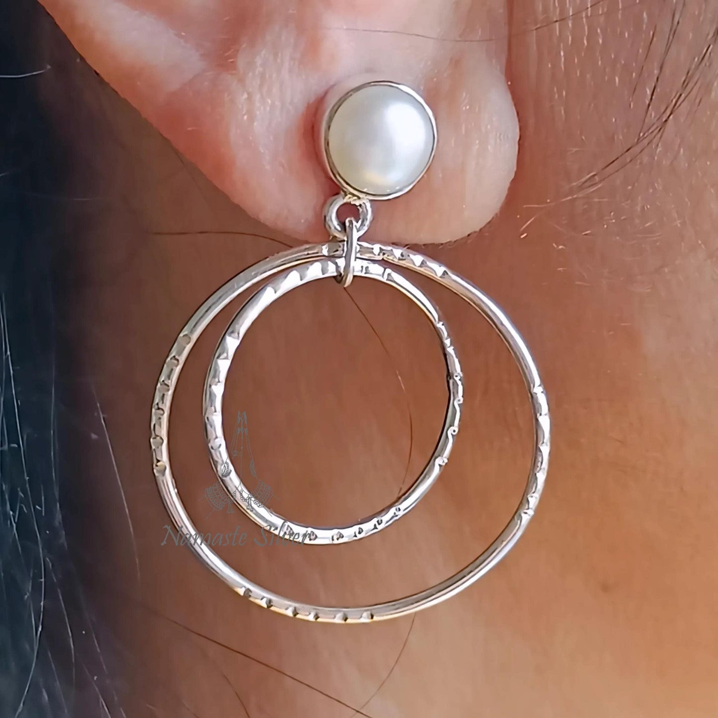 Freshwater Pearl Hoop Earrings, 925 Sterling Silver Double Hoop Dangles, Handmade Unique Jewelry for Women, July Birthstone Gift for Her