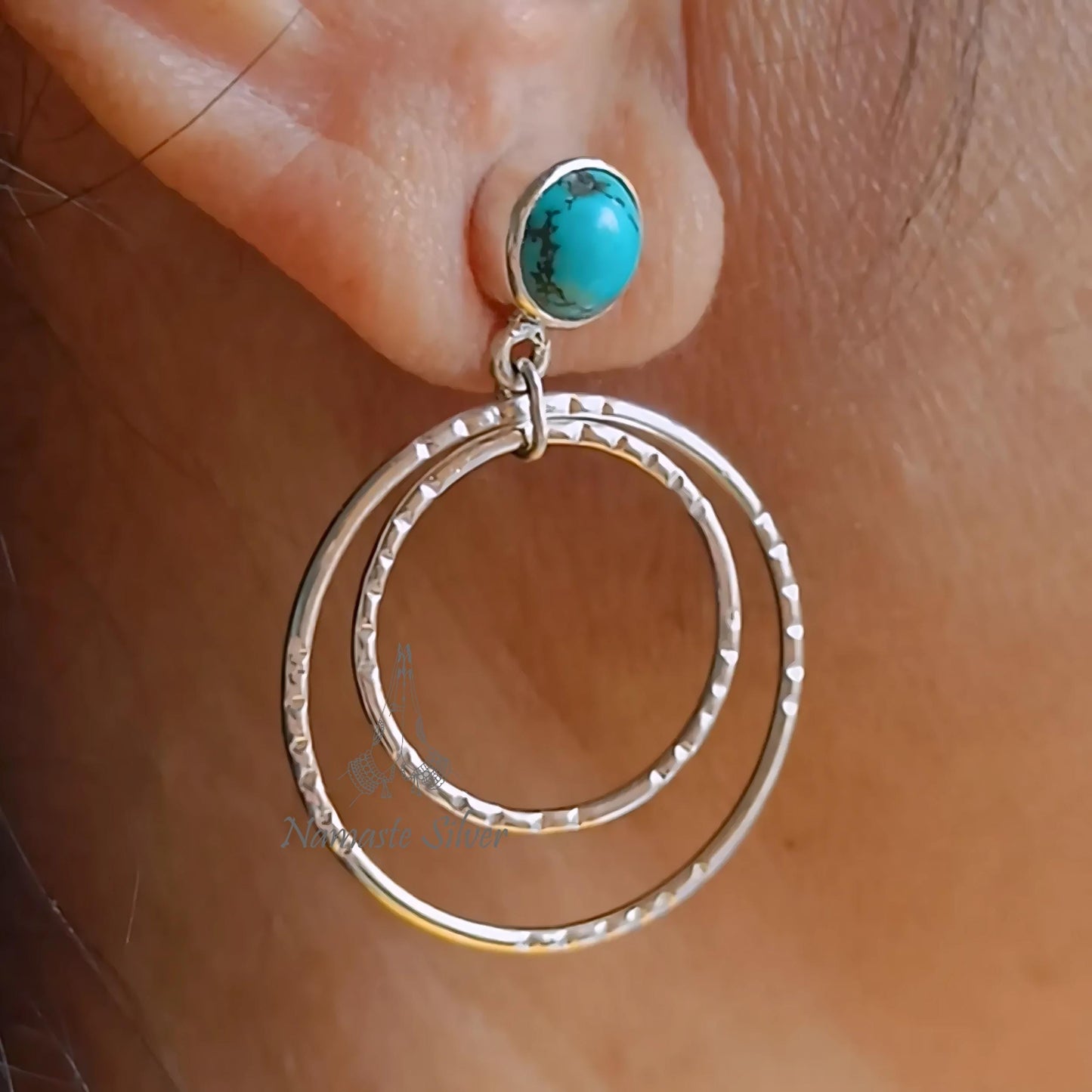 Turquoise Earrings, 925 Sterling Silver Double Hoop Dangle Earrings, Turquoise Round Handmade Jewelry, December Birthstone, Gift for Her