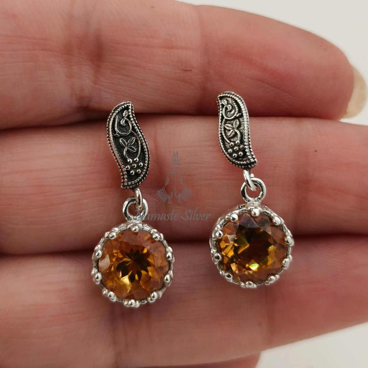 Citrine Earrings, 925 Sterling Silver Dangle Earrings, Natural Citrine Round Gemstone Handmade Jewelry, November Birthstone, Gift for Her