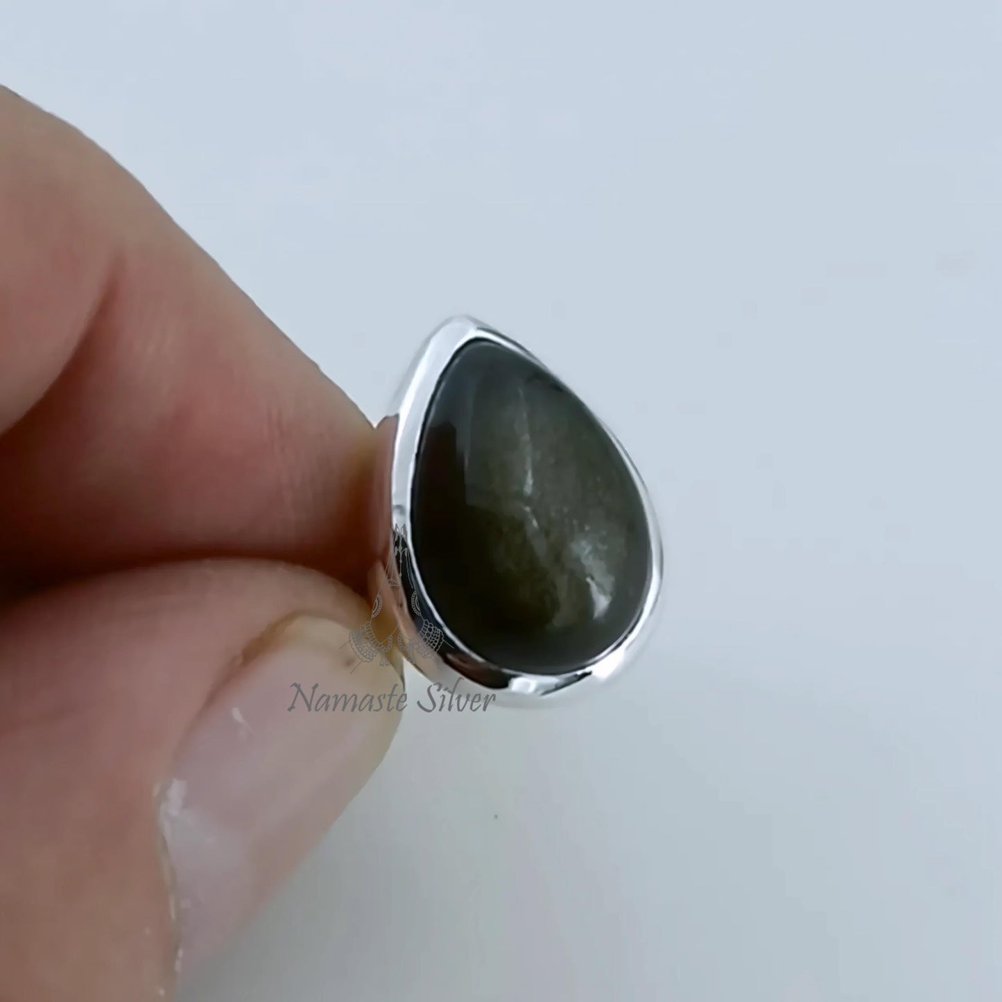 Gold Sheen Obsidian Ring, 925 Sterling Silver Statement Promise Ring, Natural Gold Sheen Obsidian Pear Shape Gemstone Handmade Jewelry Gift