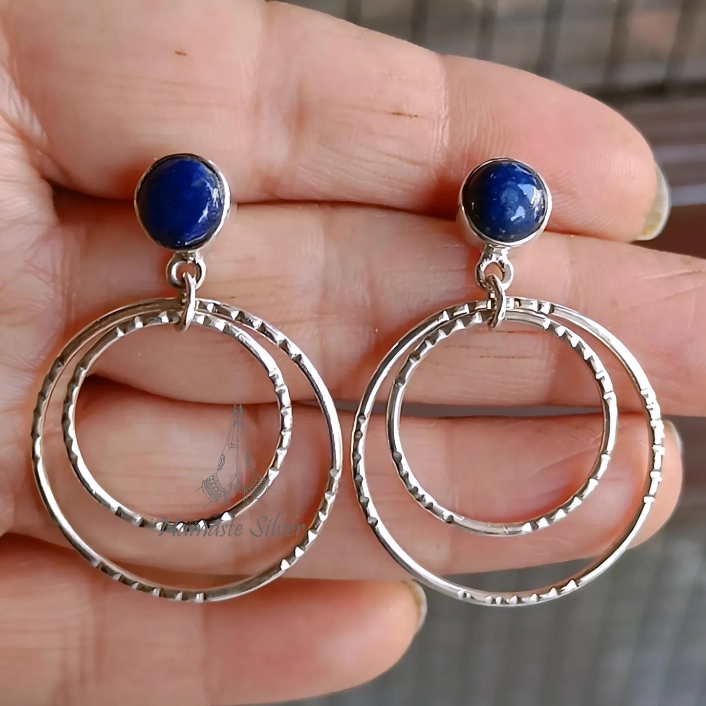 Lapis Lazuli Earrings, 925 Sterling Silver Double Hoop Earrings, Natural Blue Round Gemstone Handmade Dangle Earrings, Unique Gift for her