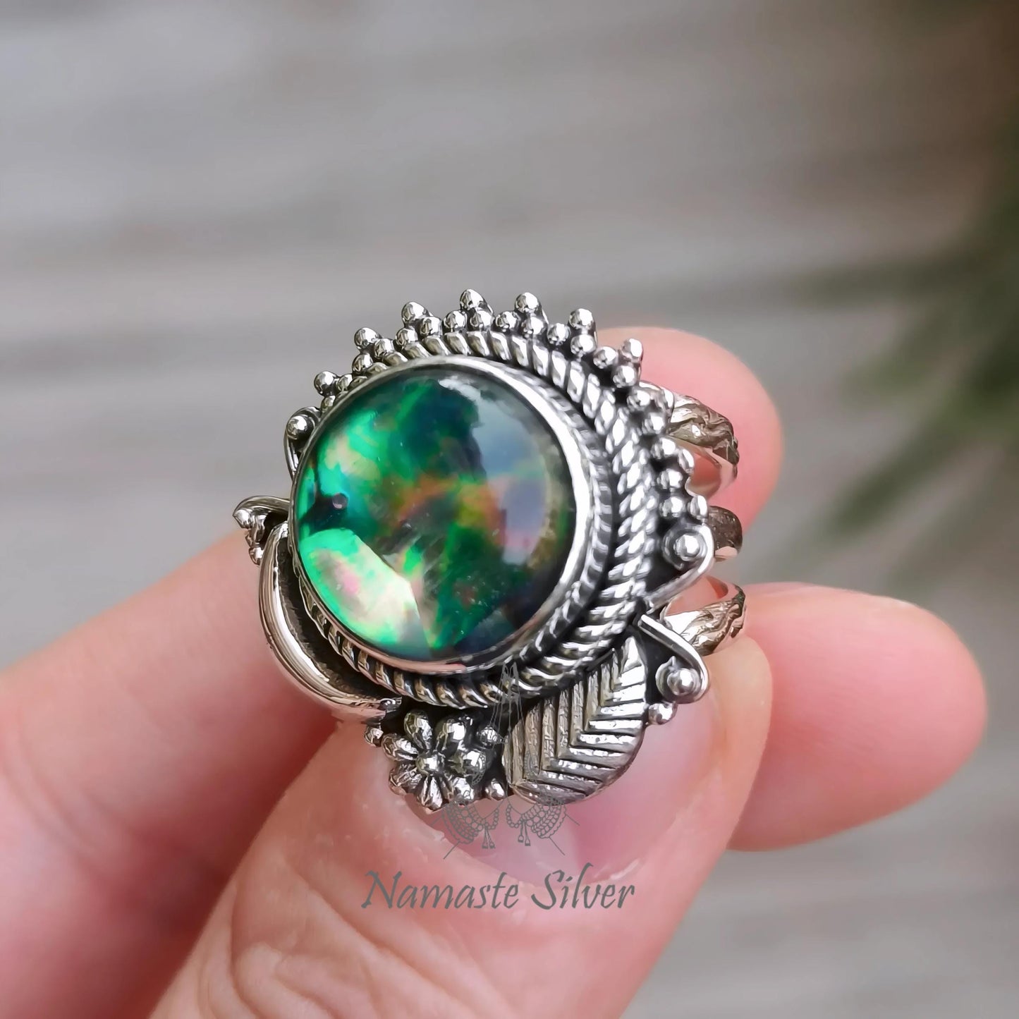 Abalone Shell Ring, 925 Sterling Silver Statement Promise Ring, Natural Paua Shell Round Doublet Handmade Jewelry, Elegant Gift for Her