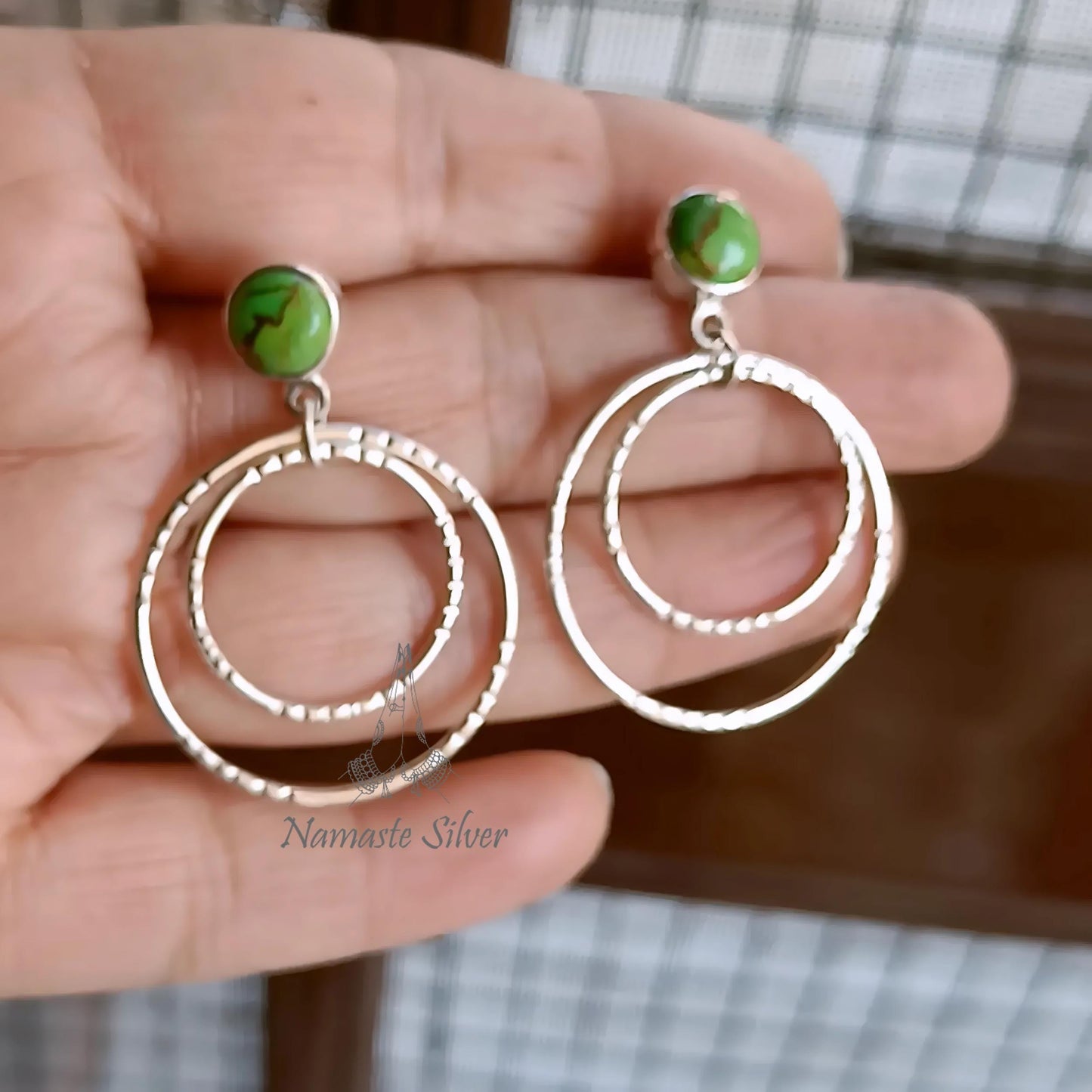 Green Turquoise Earrings, Sterling Silver Dangle Earrings, Green Copper Turquoise Round Handmade Jewelry, Double Hoop Earrings, Gift for her