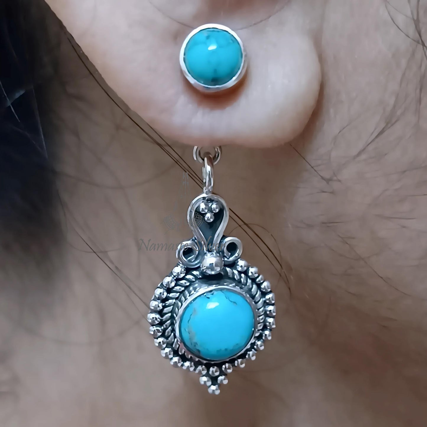 Turquoise Earrings, Sterling Silver Convertible Dangle & Stud Earrings Design, Natural Blue Turquoise Round Gemstone Jewelry, Gift For Her