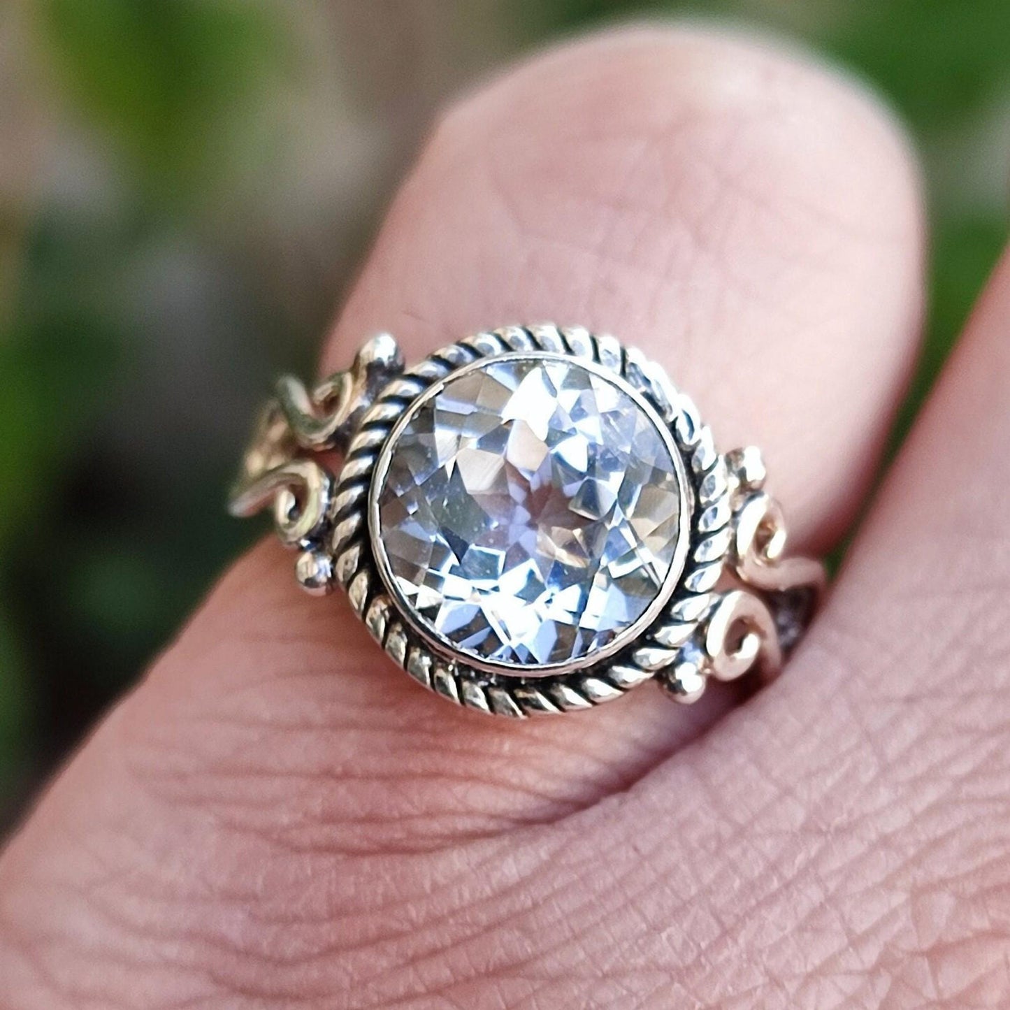 White Topaz Ring, 925 Sterling Silver Handmade Promise Ring, Natural Clear Topaz Round Gemstone Boho Jewelry, April Birthstone, Gift for Her