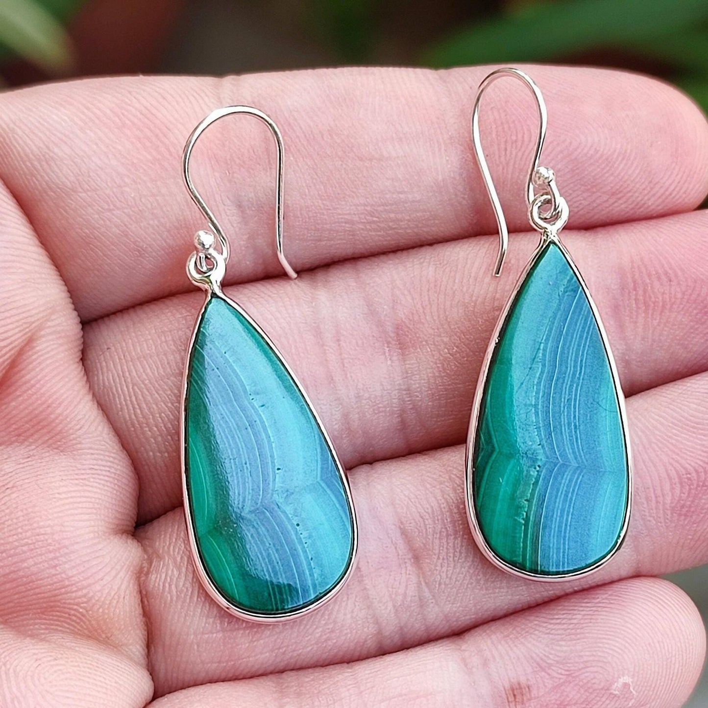 Malachite Earrings, 925 Sterling Silver Dangle Drop Earrings, Natural Green Gemstone Pear Shape Handmade Boho Jewelry, Elegant Gift for Her