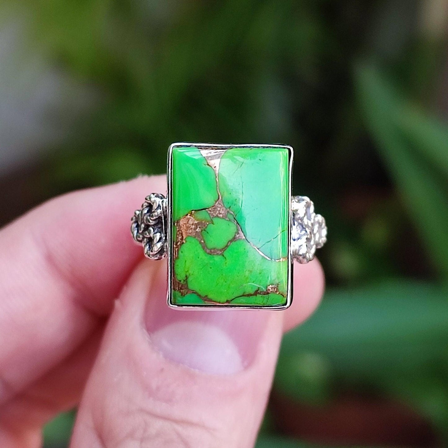 Green Turquoise Ring, 925 Sterling Silver Handmade Statement Ring, Green Copper Turquoise Gemstone Cushion Jewelry, Gift for Her Birthday