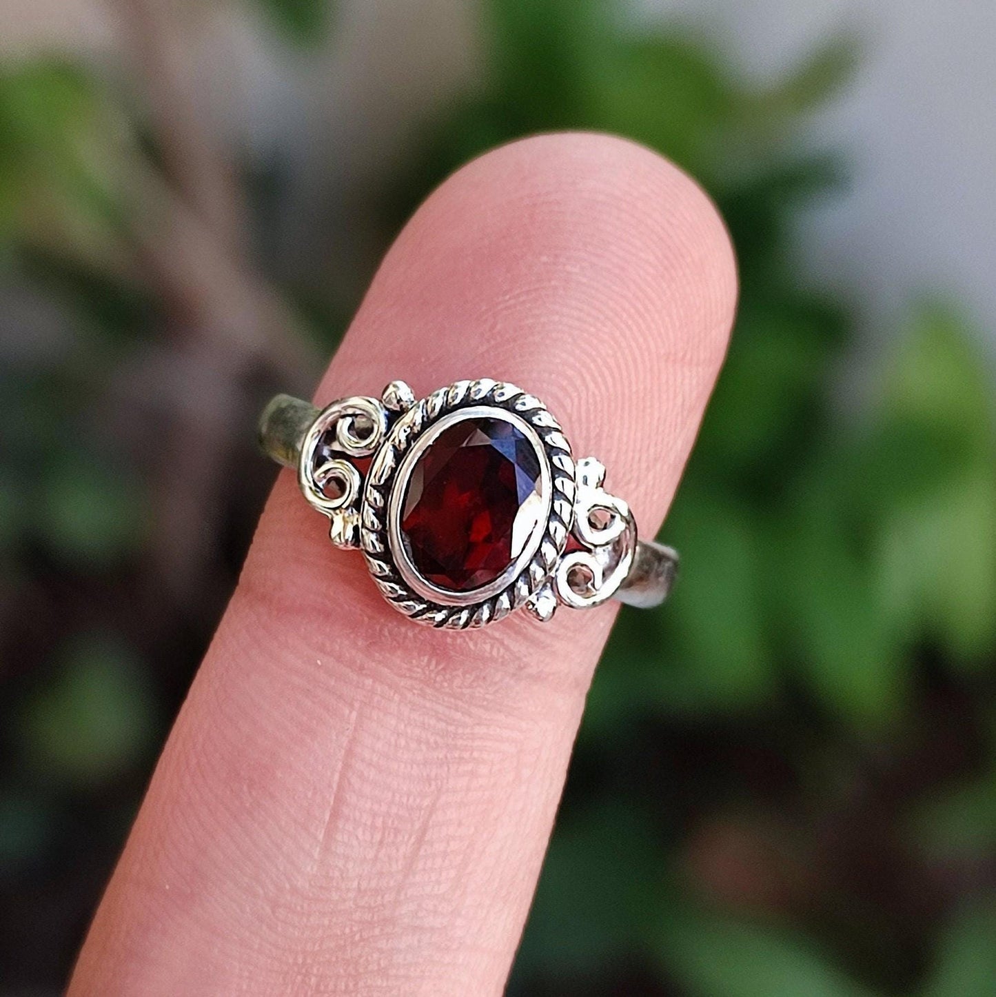 Garnet Ring, 925 Sterling Silver Statement Promise Ring, Natural Garnet Oval Gemstone Handmade Boho Jewelry, January Birthstone Gift for Her