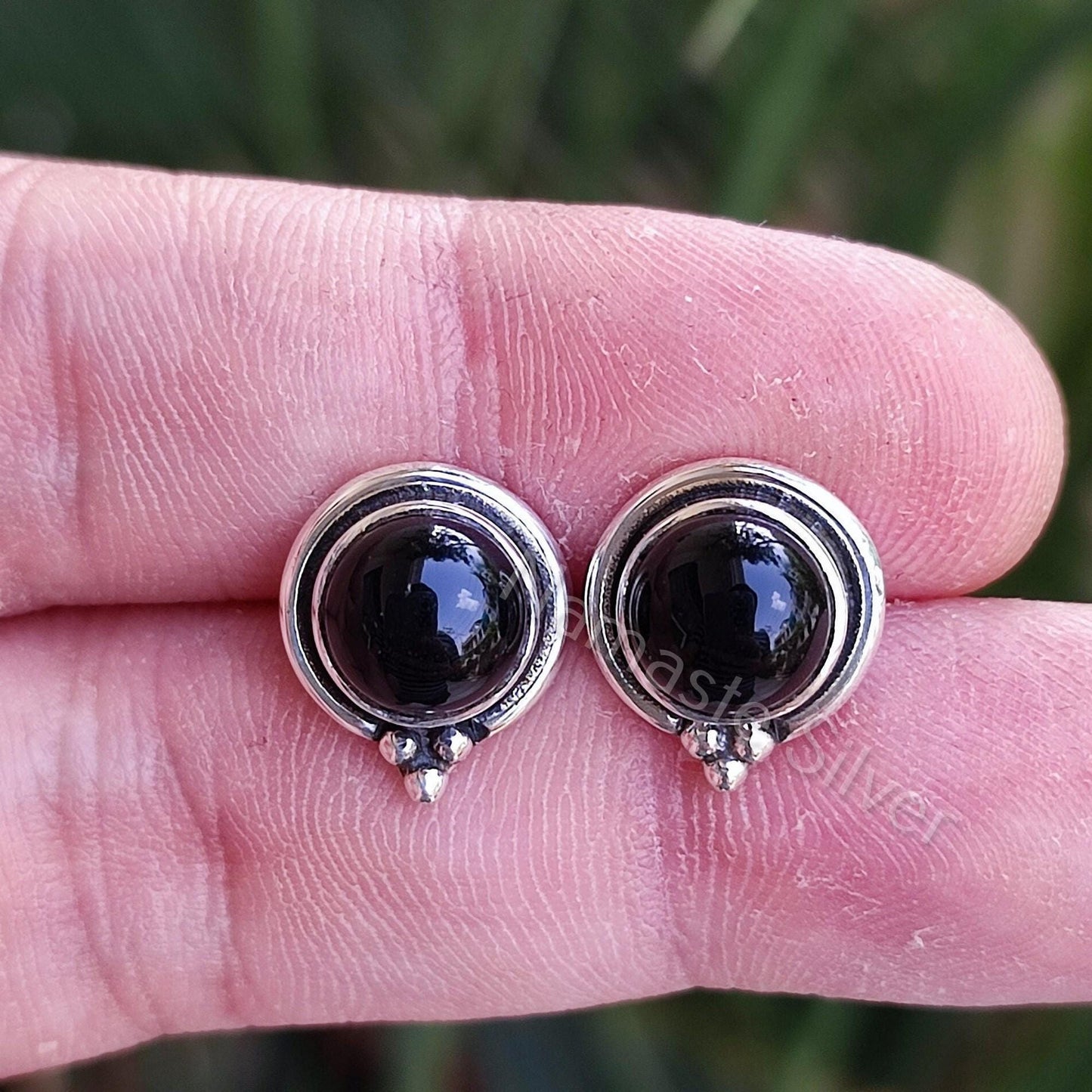 Black Onyx Earrings, 925 Sterling Silver Stud Posts, Natural Black Onyx Round Gemstone Handmade Boho Jewelry, July Birthstone, Gift for Her