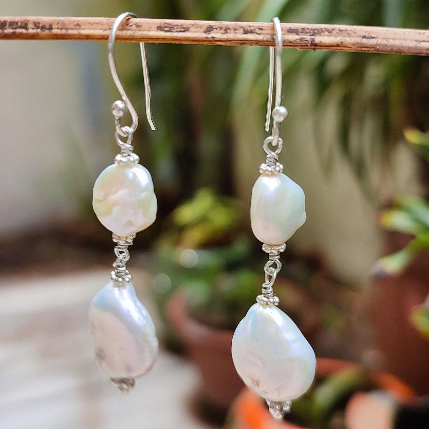 Pearl Earrings, 925 Sterling Silver Dangle Drop Earrings, Dual Freshwater Baroque Pearl Handmade Boho Jewelry, June Birthstone, Gift for her