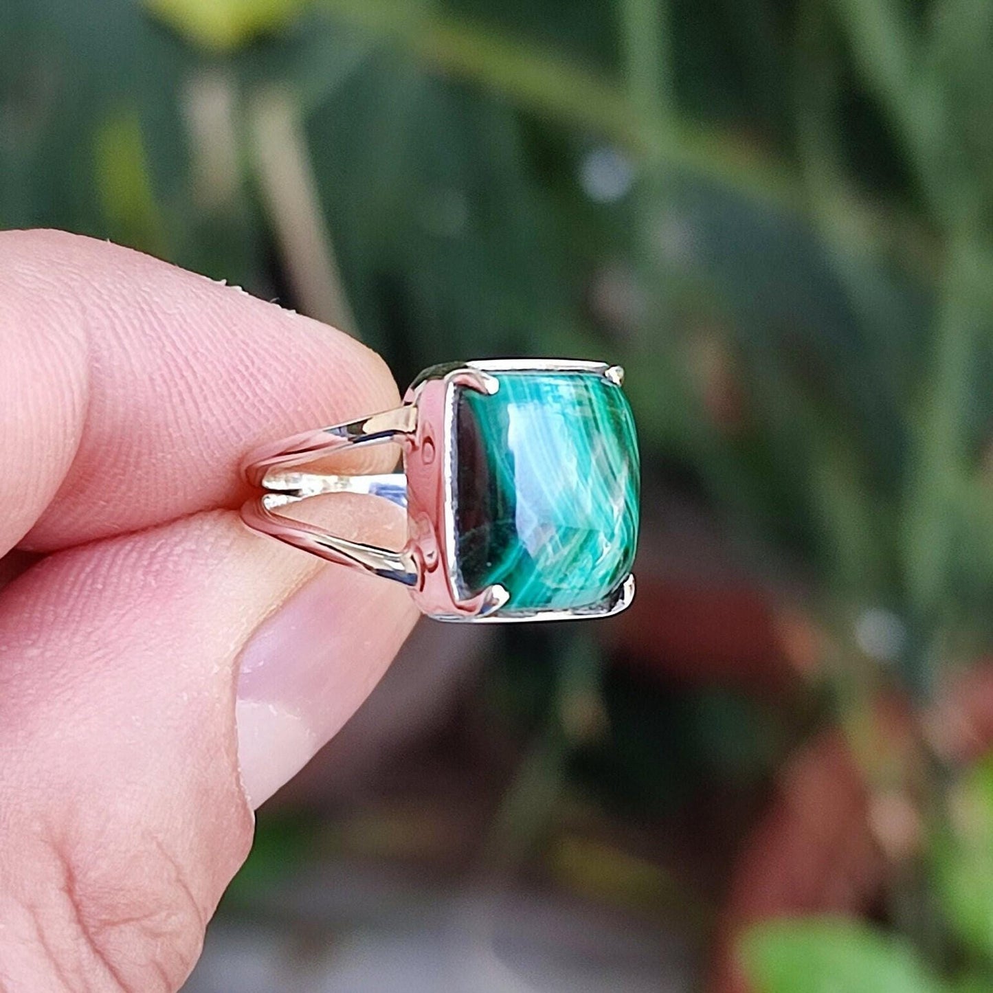 Malachite Ring, 925 Sterling Silver Promise Ring, Natural Malachite Cushion Gemstone Handmade Jewelry, April May Birthstone, Gift For Her