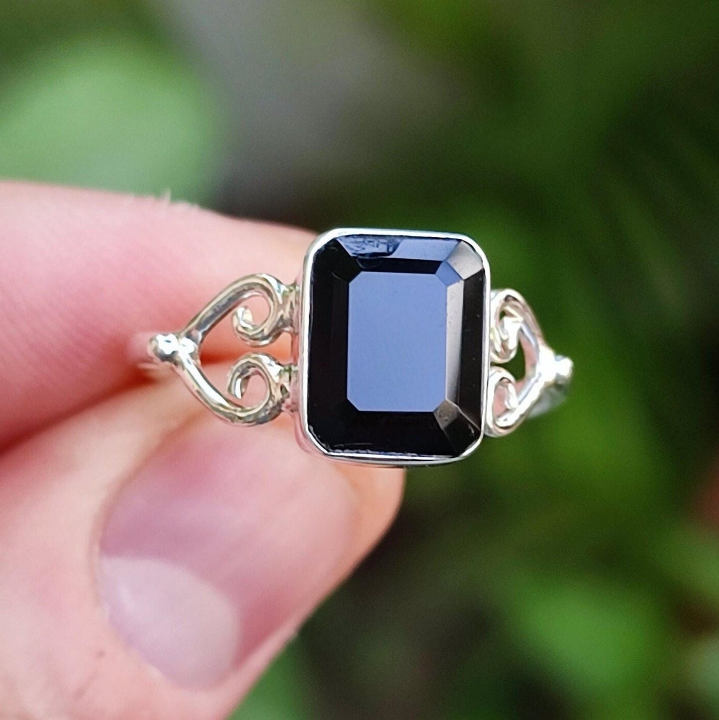 Black Onyx Ring, 925 Sterling Silver Promise Heart Ring, Natural Black Onyx Octagon Handmade Jewelry, July Birthstone, Boho Gift for Her