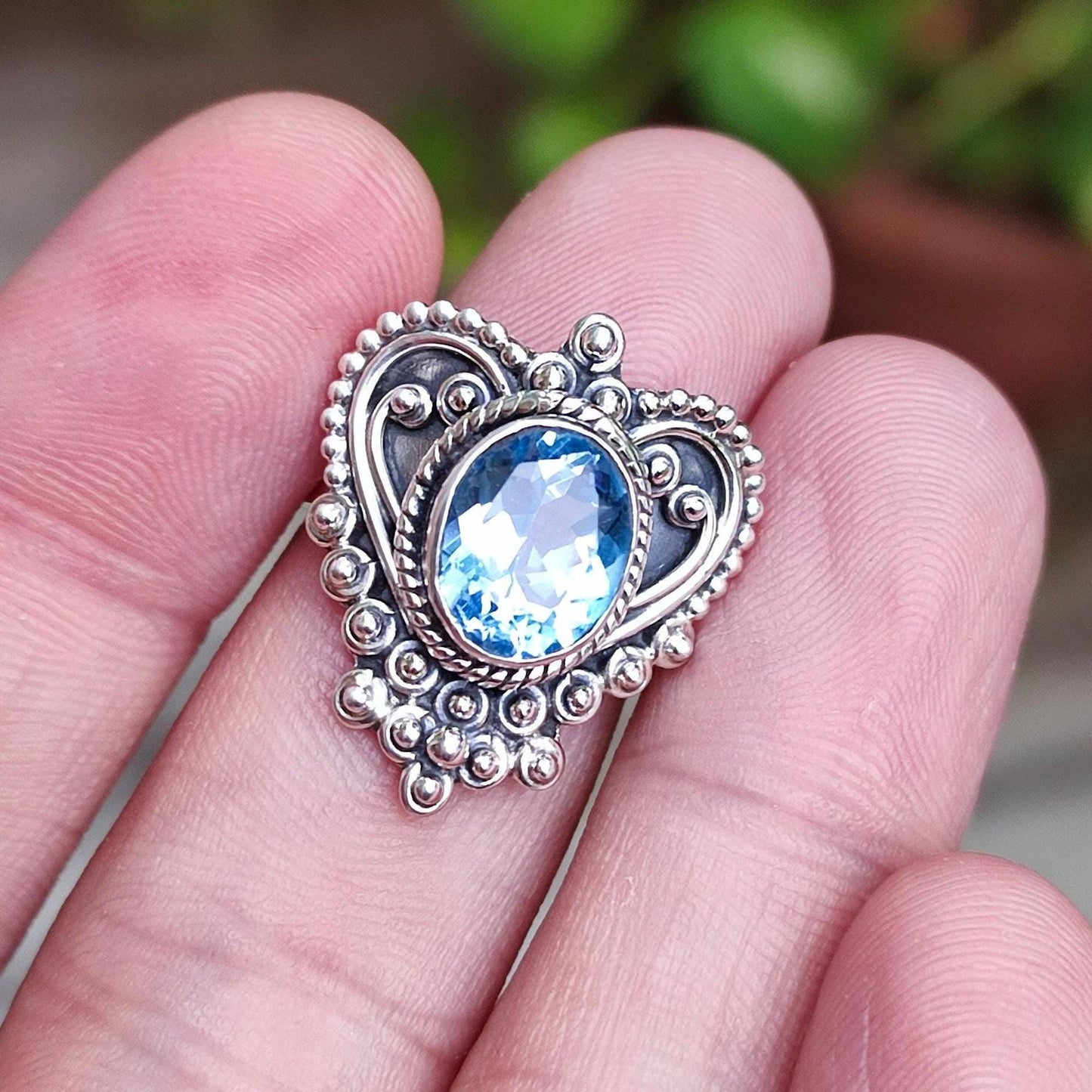 Blue Topaz Ring, 925 Sterling Silver Promise Ring, Natural Topaz Oval Gemstone Handmade Heart Jewelry, December Birthstone, Gift for Her