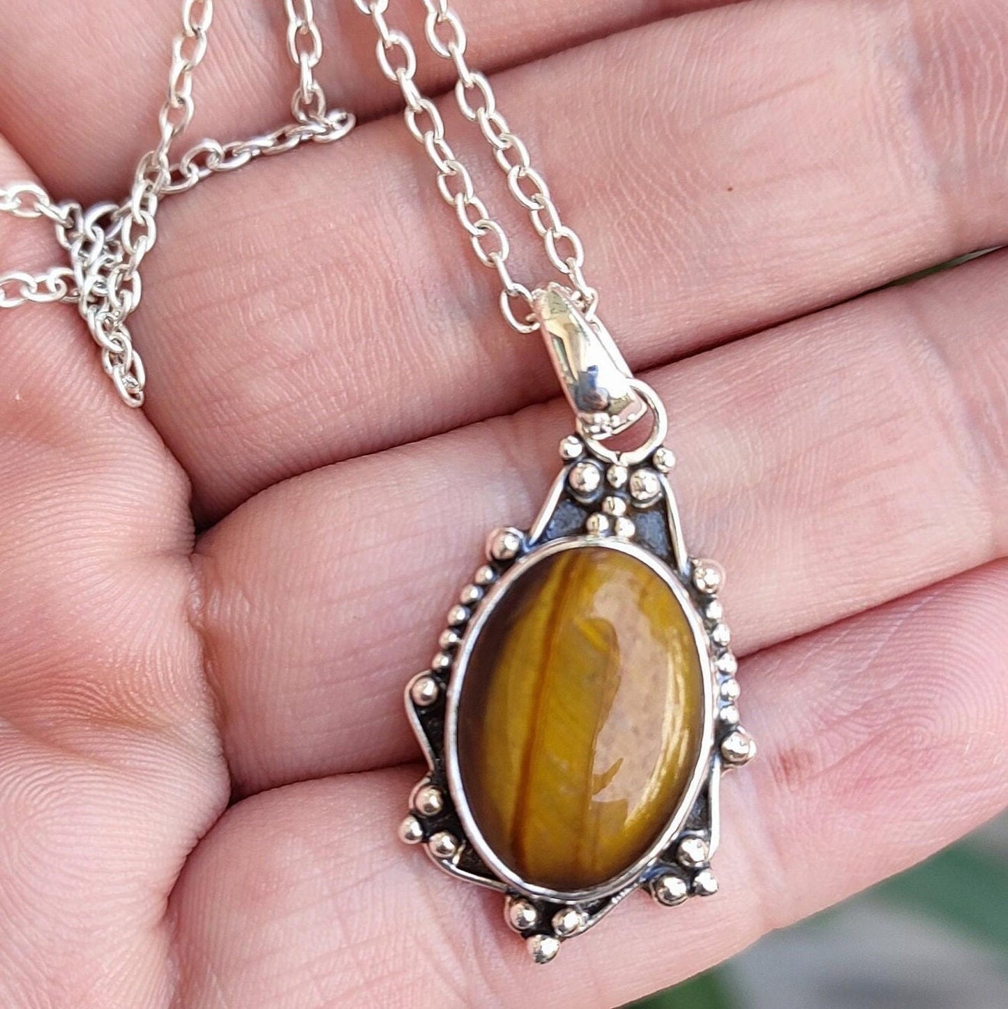 Tigers Eye Necklace, 925 Sterling Silver Pendant Chain, Natural Tiger's Eye Oval Gemstone Handmade Jewelry, Unique Birthstone Gift for Her