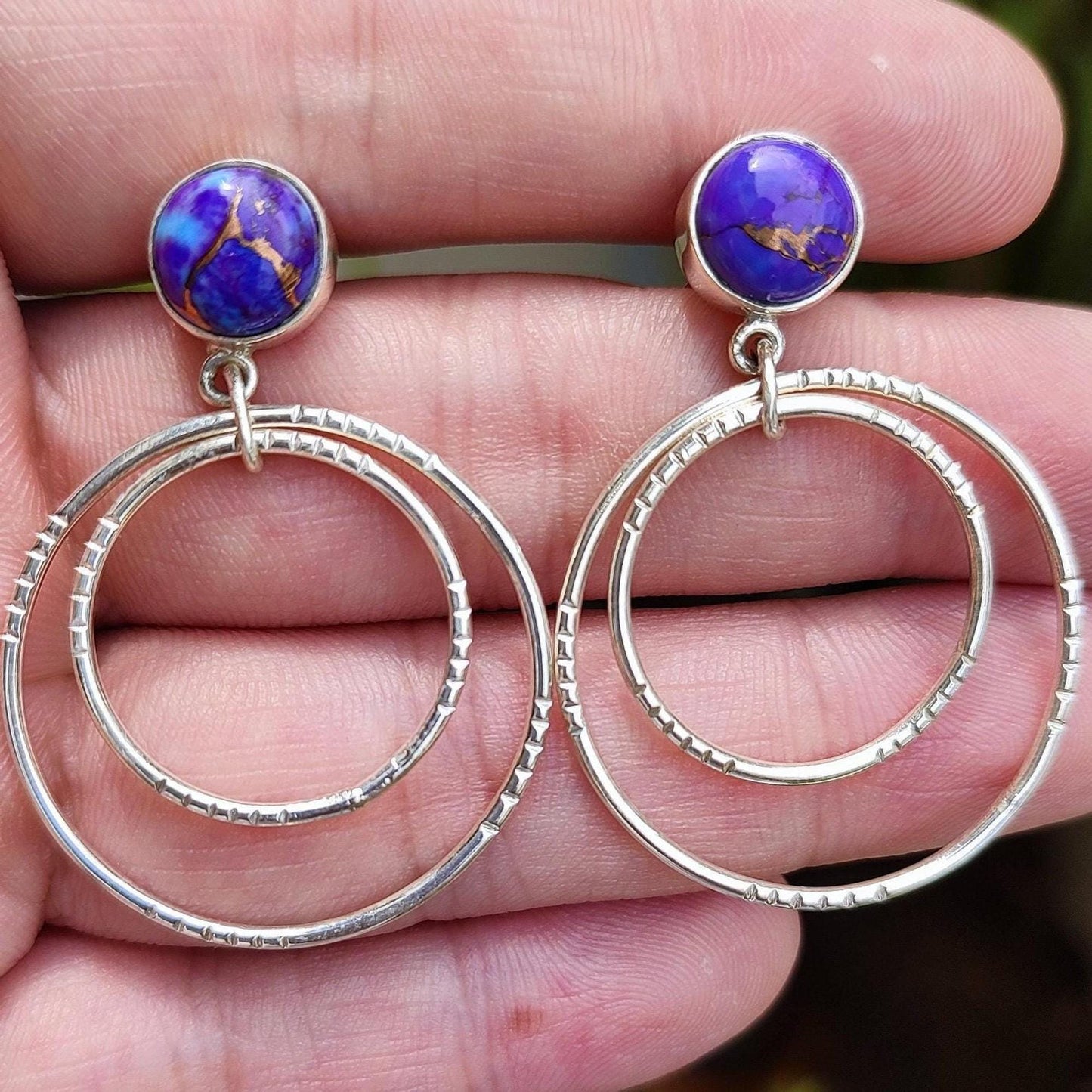 Turquoise Double Hoop Earrings, 925 Sterling Silver Dangle Earrings, Natural Purple Copper Turquoise Round Handmade Jewelry, Gift for her