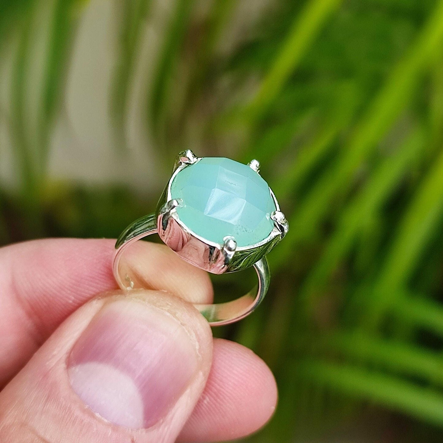 Chalcedony Ring, 925 Sterling Silver Promise Ring, Natural Aqua Chalcedony Round Gemstone Handmade Jewelry, March Birthstone, Gift For Her