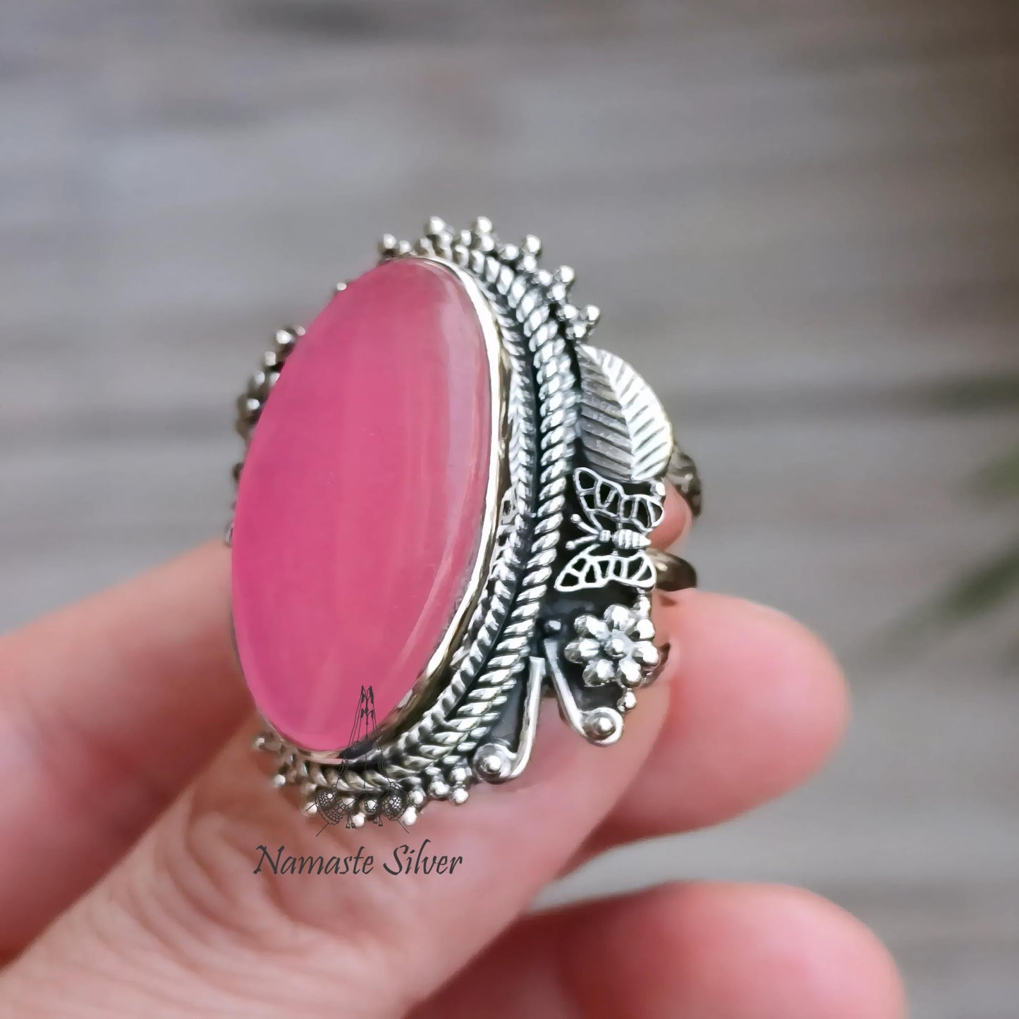 Pink Jade Ring, 925 Sterling Silver Statement Promise Ring, Pink Jade Oval Gemstone Handmade Designer Chunky Jewelry, Unique Gift for her
